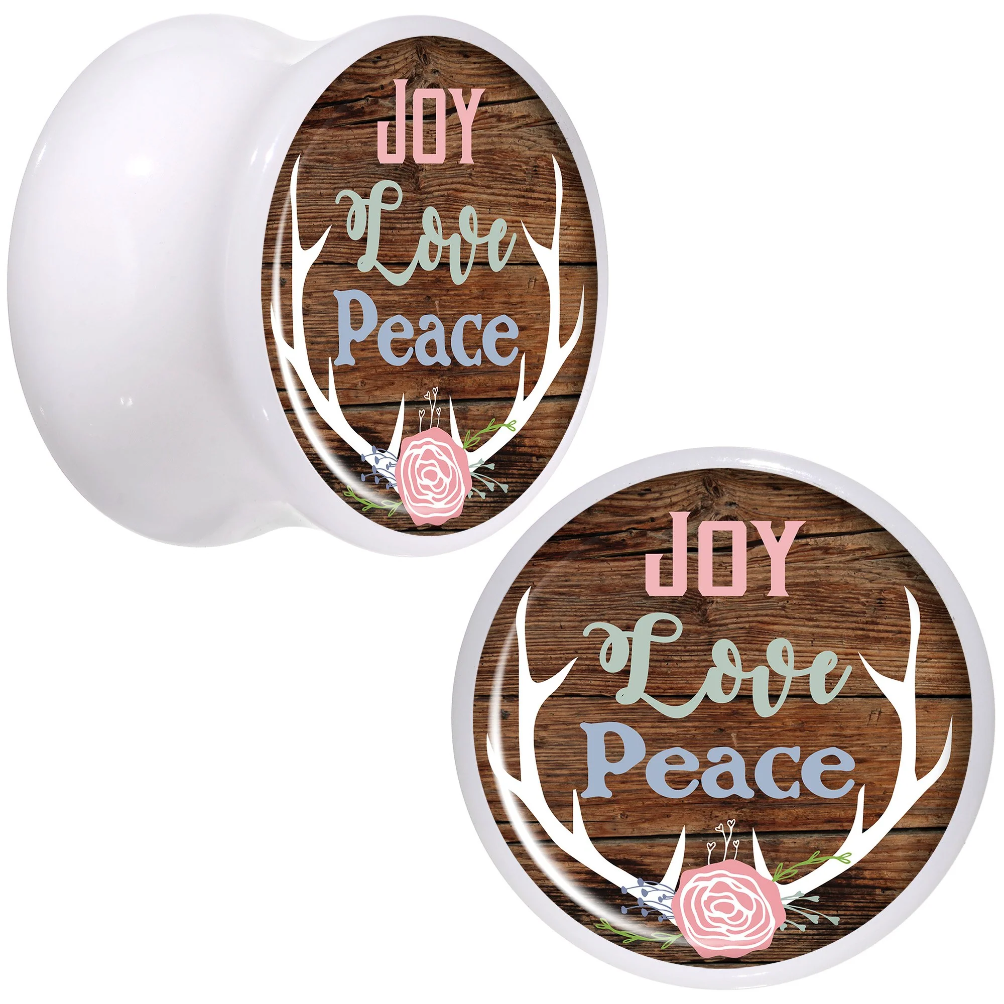 Rustic Joy Love Peace Antlers White Acrylic Saddle Plug Set Sizes 5mm to 20mm - Image 6