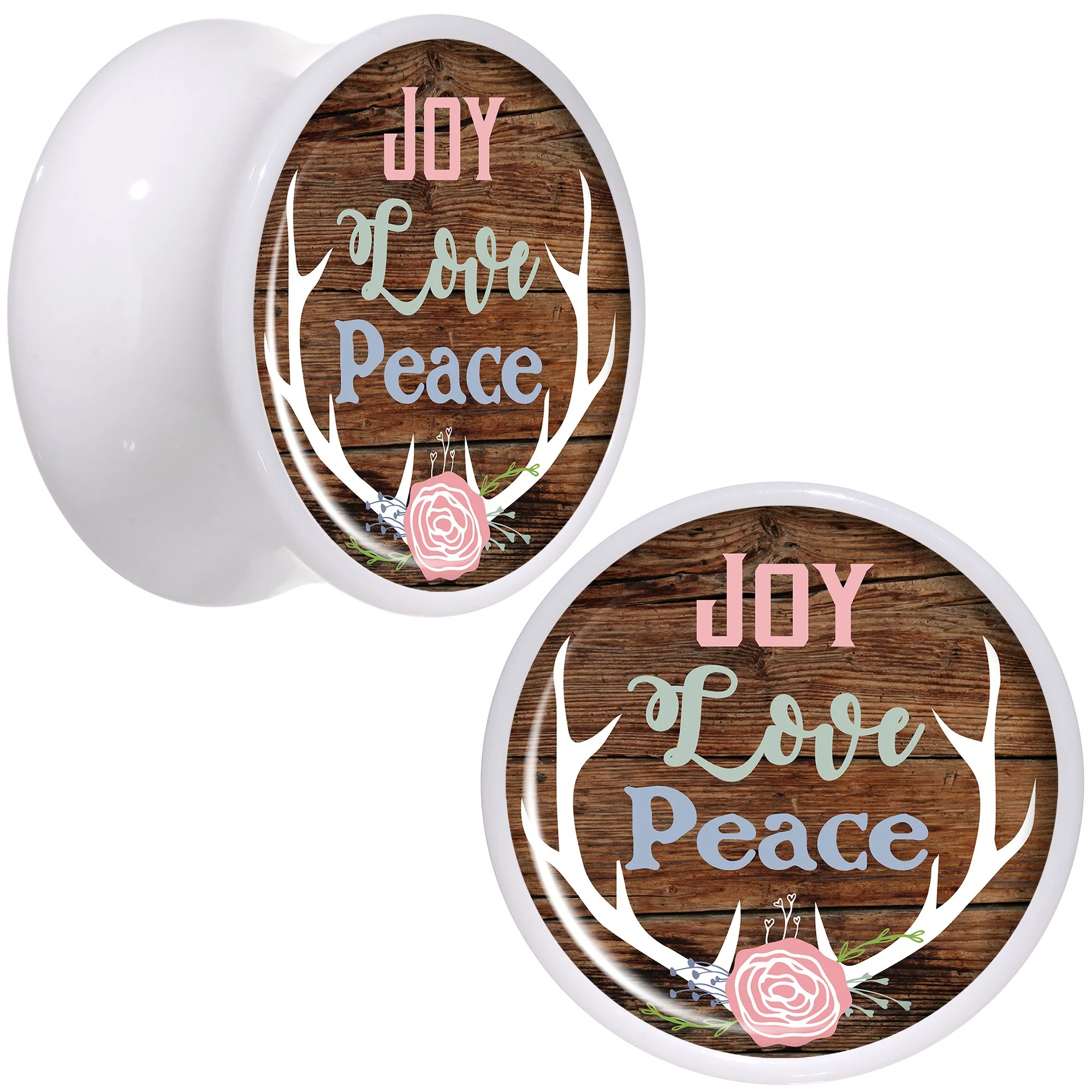 Rustic Joy Love Peace Antlers White Acrylic Saddle Plug Set Sizes 5mm to 20mm - Image 7