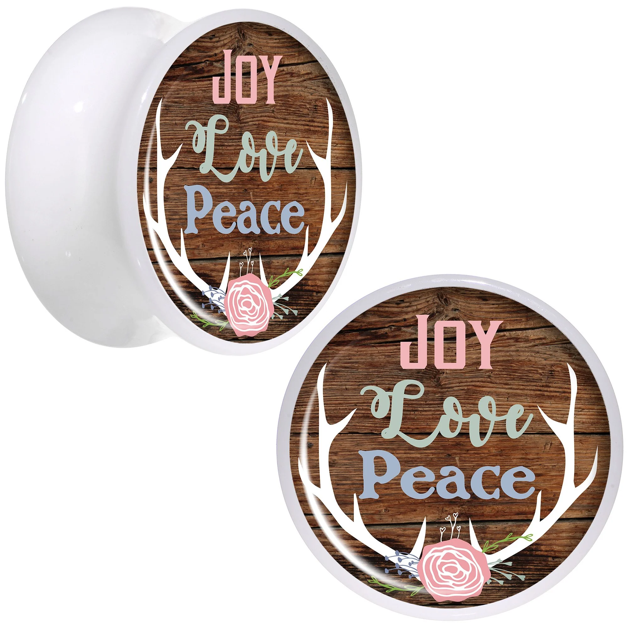 Rustic Joy Love Peace Antlers White Acrylic Saddle Plug Set Sizes 5mm to 20mm - Image 8