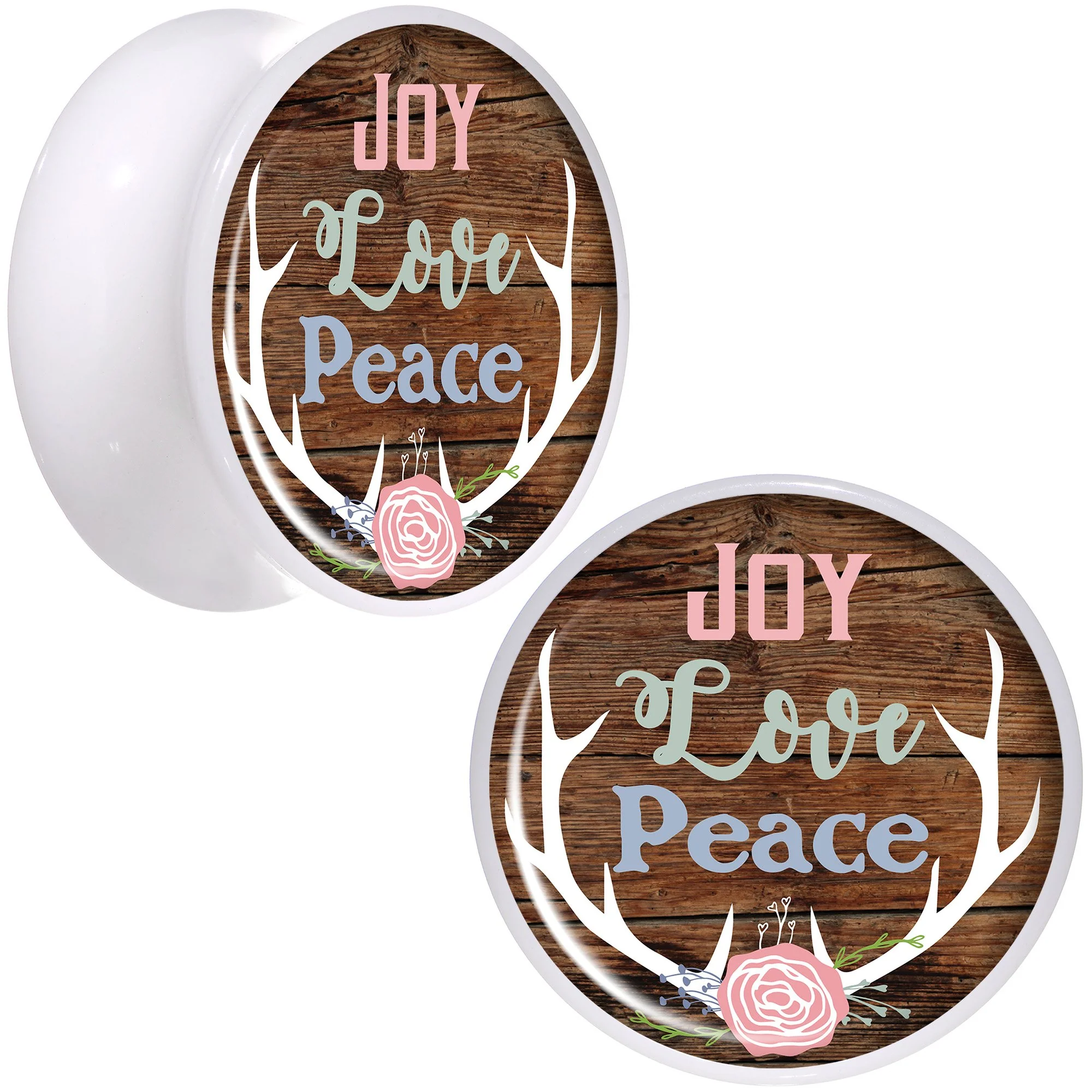 Rustic Joy Love Peace Antlers White Acrylic Saddle Plug Set Sizes 5mm to 20mm - Image 9