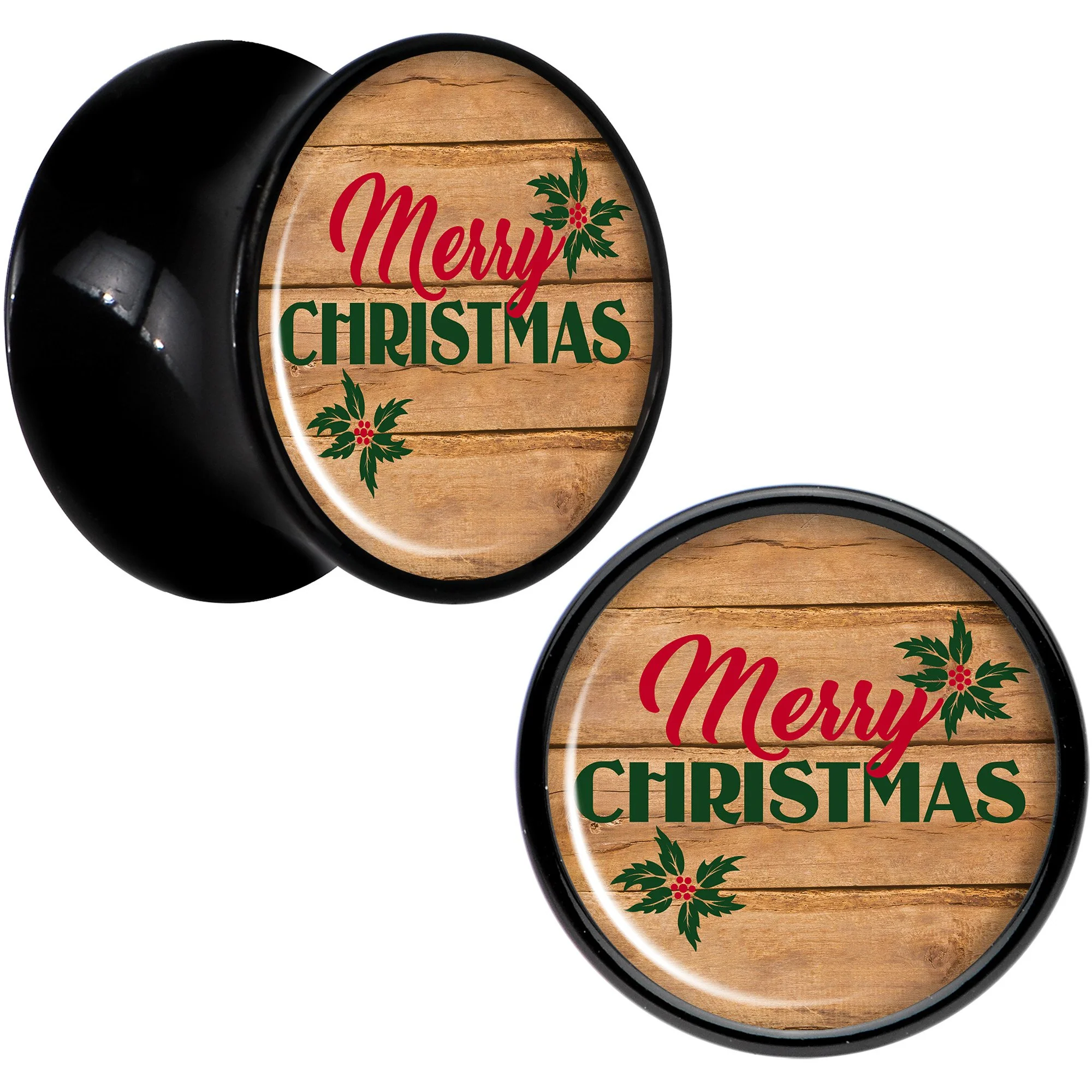 Rustic Wood Merry Christmas Black Acrylic Saddle Plug Set Sizes 8mm to 20mm - Image 3