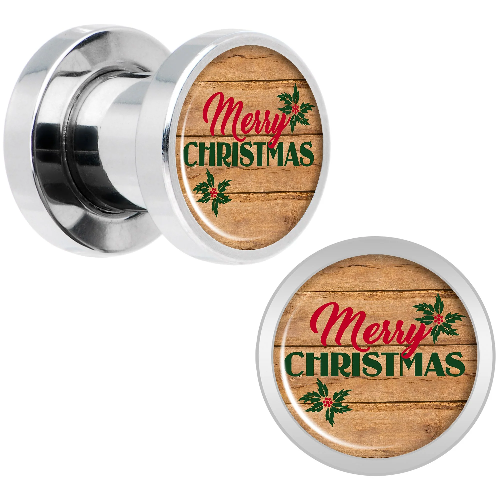 Rustic Wood Merry Christmas Screw Fit Plug Set Sizes 6mm to 20mm - Image 2