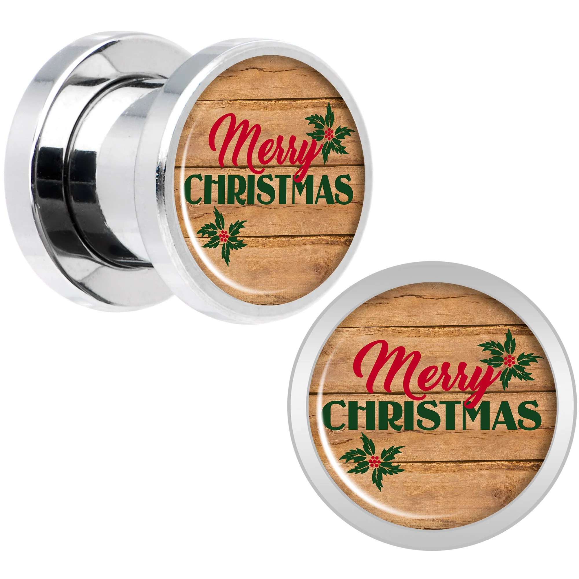 Rustic Wood Merry Christmas Screw Fit Plug Set Sizes 6mm to 20mm - Image 3