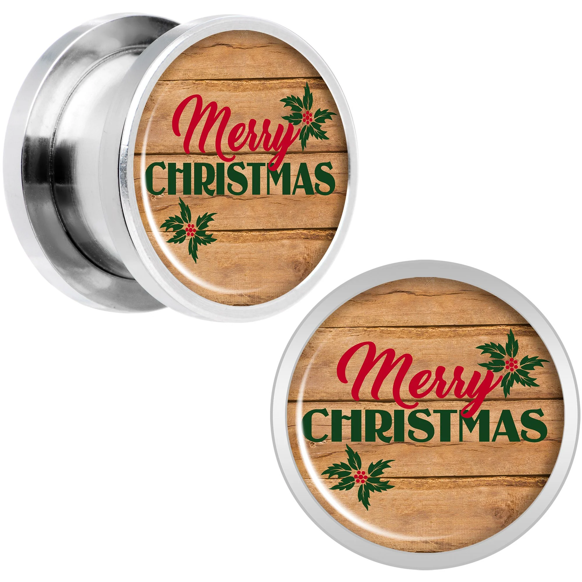 Rustic Wood Merry Christmas Screw Fit Plug Set Sizes 6mm to 20mm - Image 4