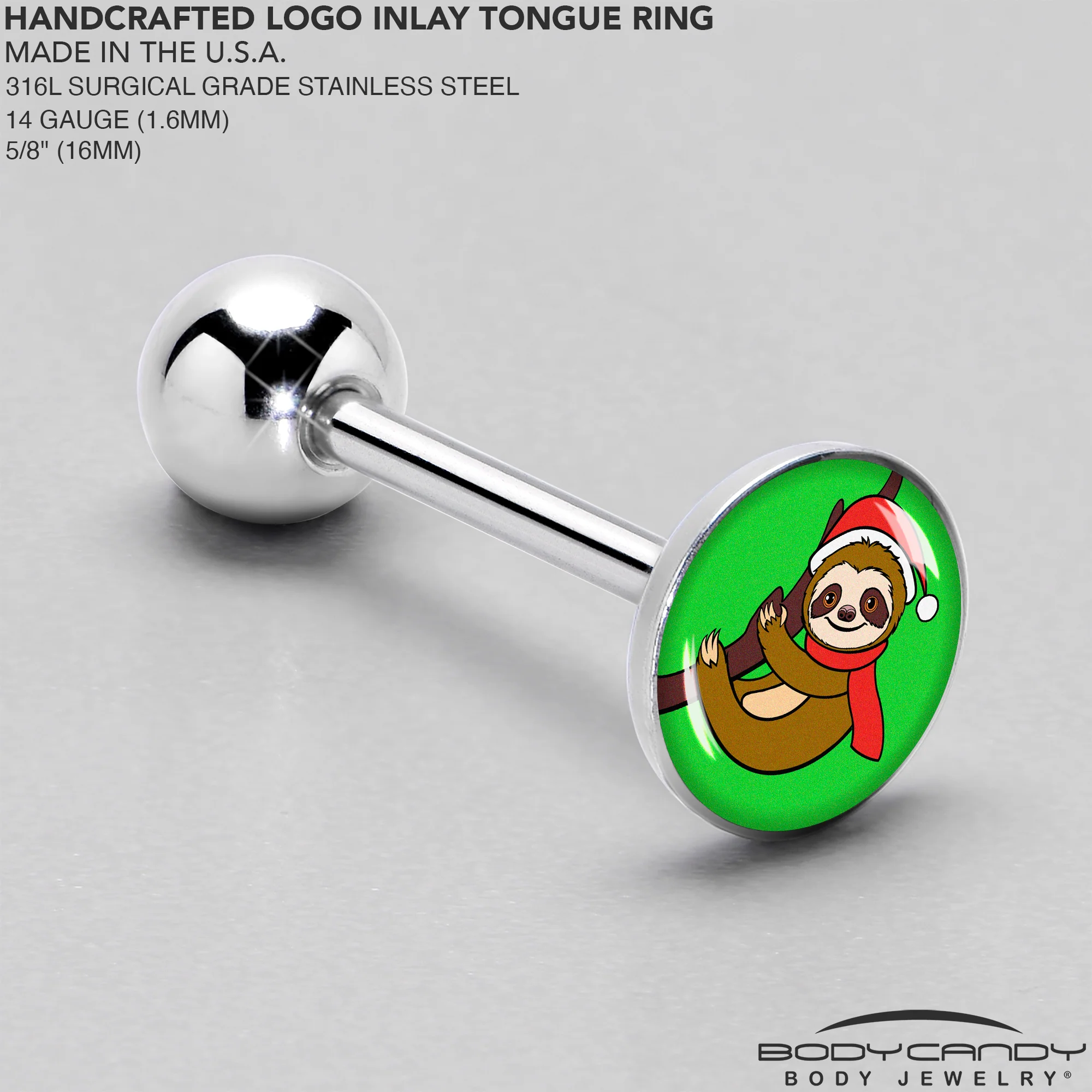 Santa Sloth Holiday Barbell Tongue Ring by Onyx O - Image 4