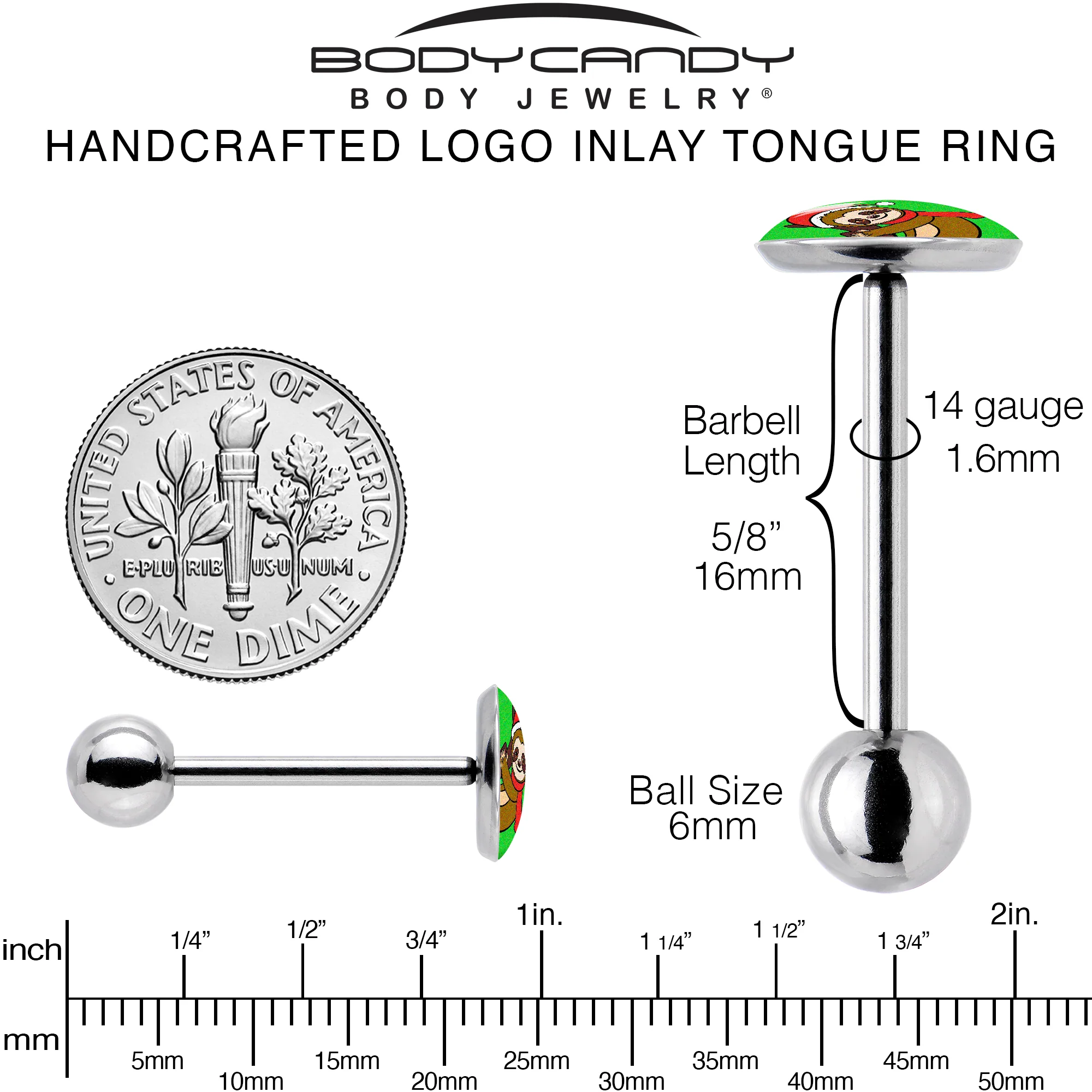 Santa Sloth Holiday Barbell Tongue Ring by Onyx O - Image 5