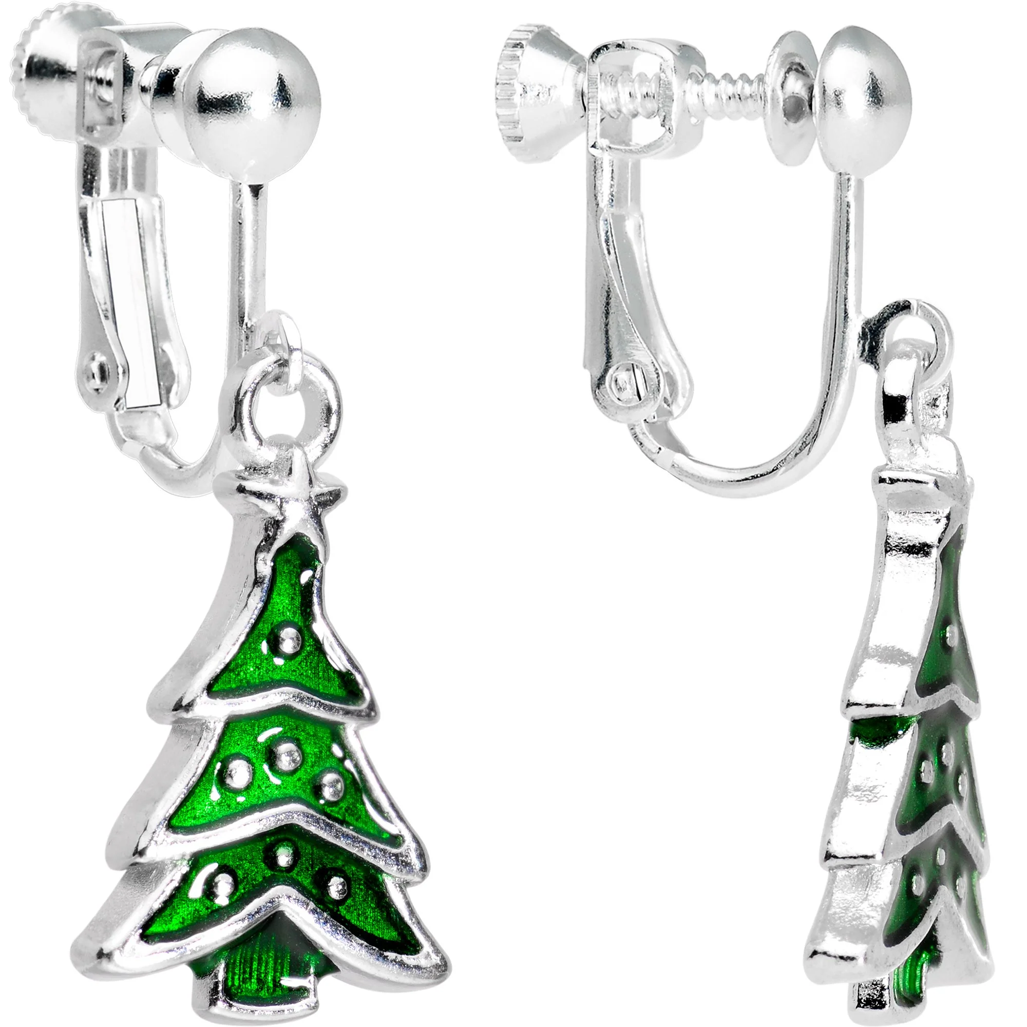 Silver Plated Classic Christmas Tree Dangle Clip On Earrings - Image 2