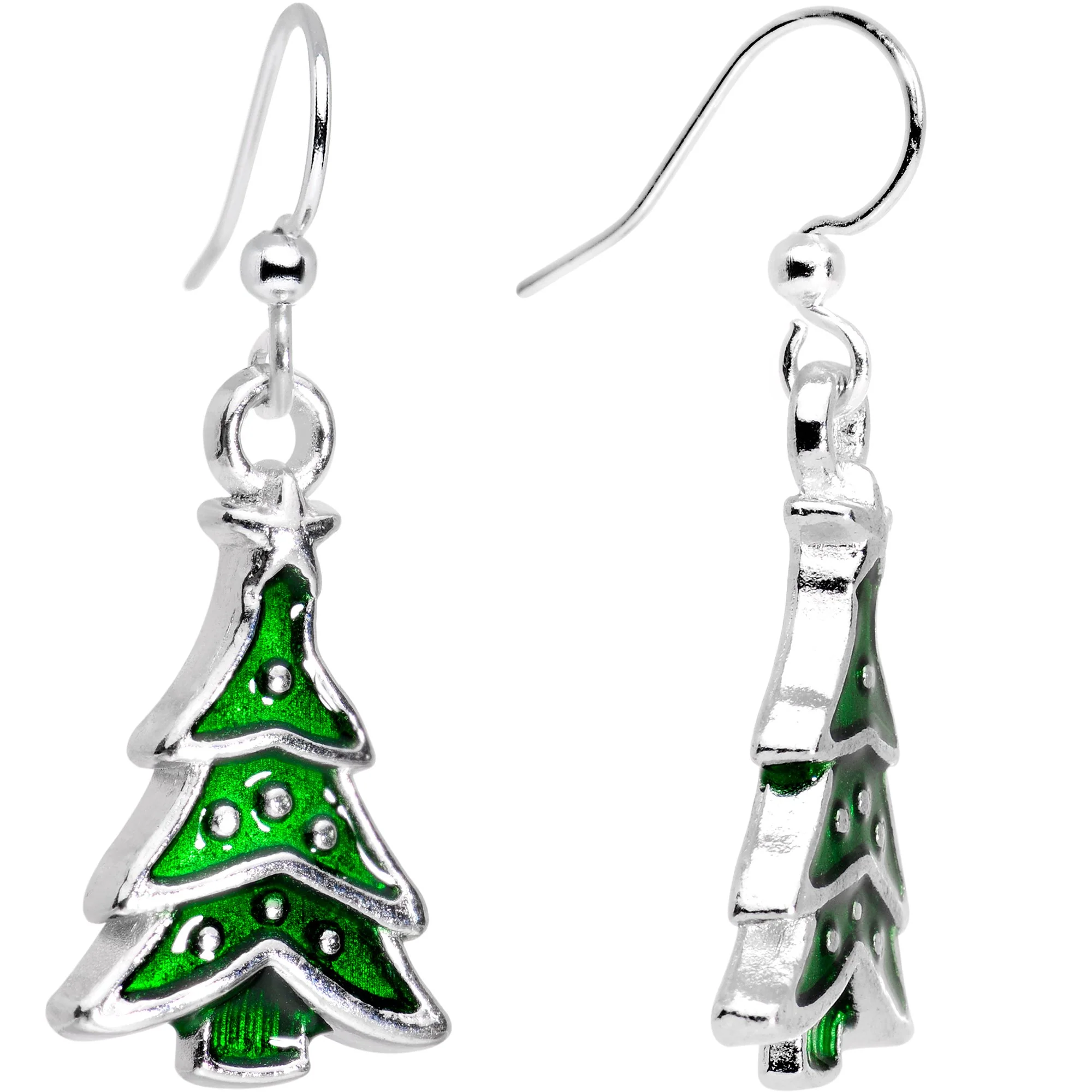 Silver Plated Classic Christmas Tree Fishhook Earrings - Image 2