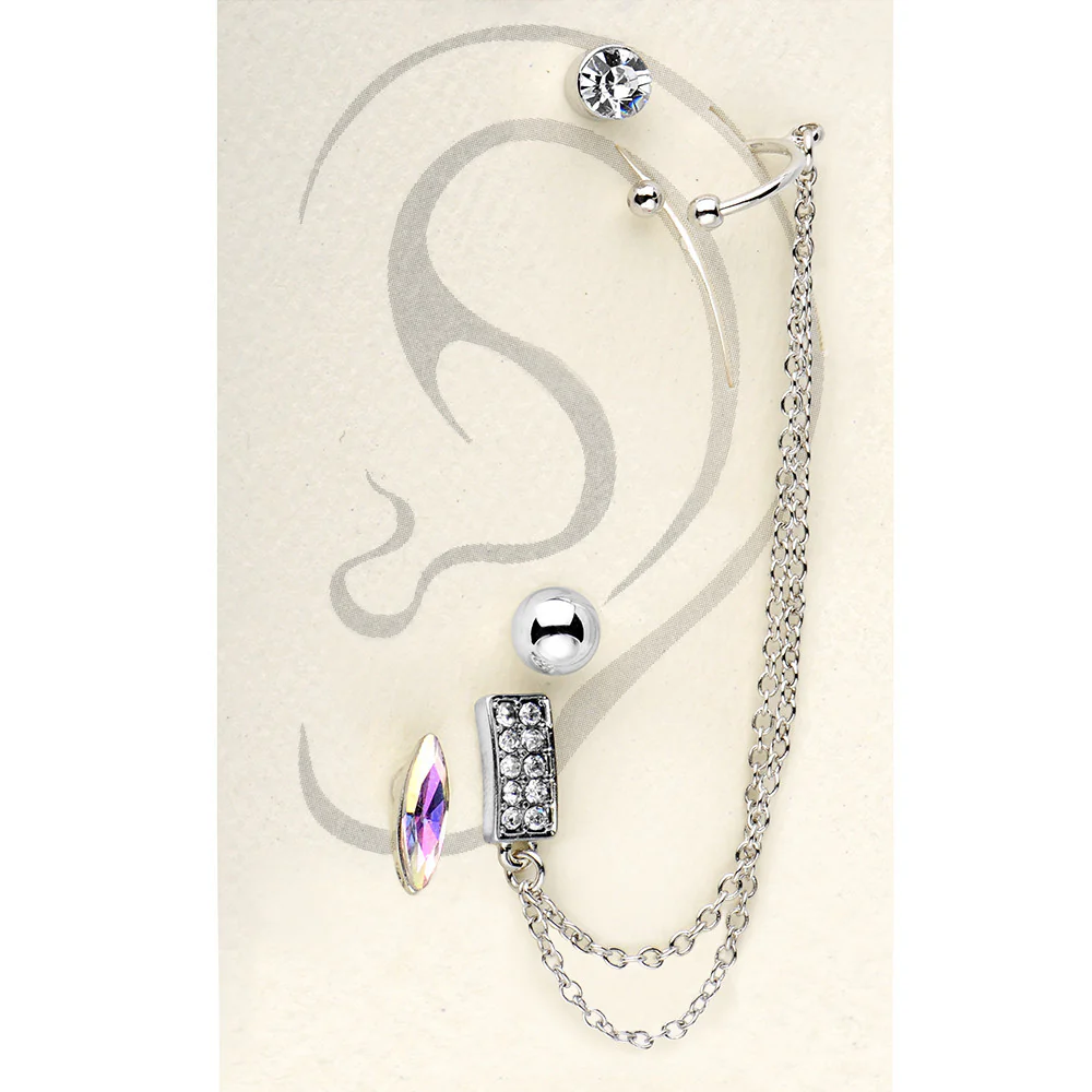 Silver Tone Aurora Marquis Clear Chain Ear Cuff Stud Earring Set