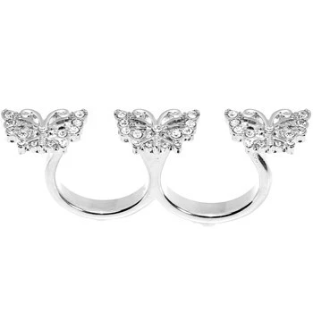 Silver Tone Crystalline Butterfly Trio Double Finger Ring - Image 3