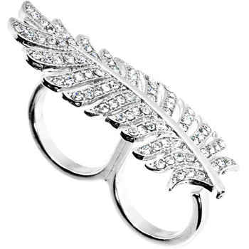 Silver Tone Crystalline Feather Double Finger Ring - Image 3