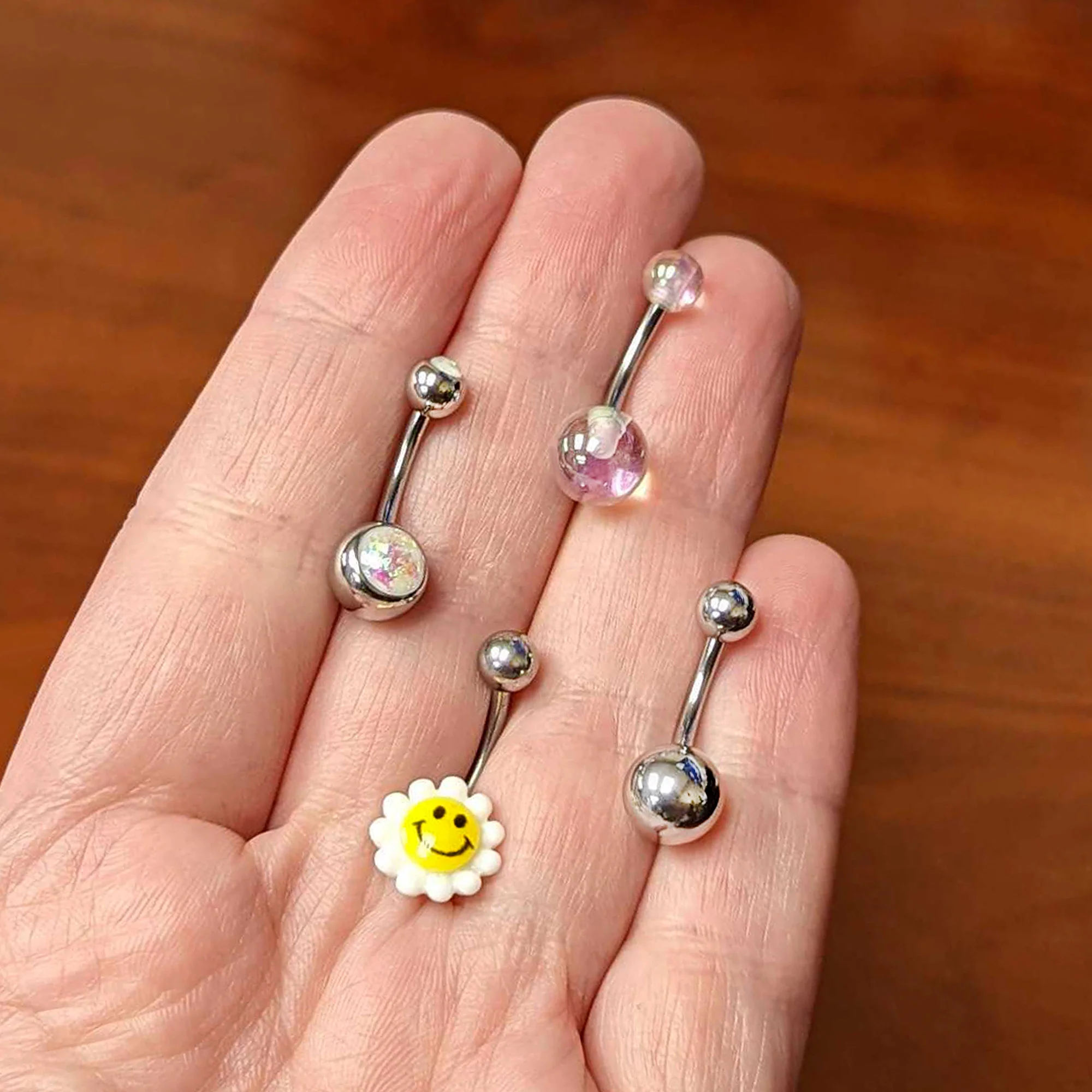 Smile Flower UV Glow Faux Opal Belly Ring Set of 4 - Image 7