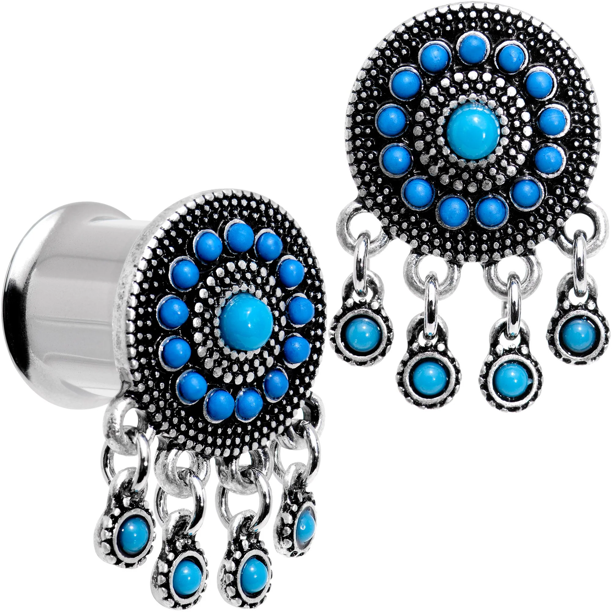 Southwest Blue Drum Dreamcatcher Dangle Double Flare Plug Set 6mm to 25mm - Image 5