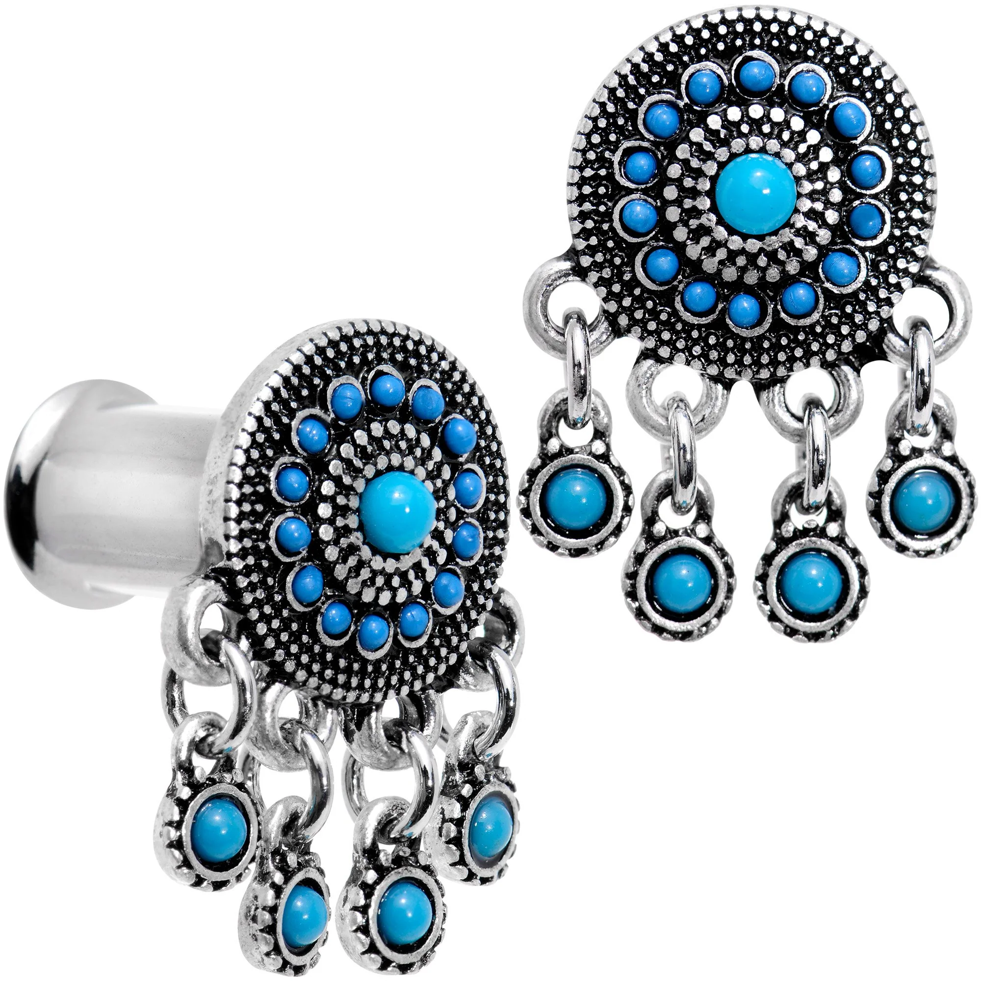 Southwest Blue Drum Dreamcatcher Dangle Double Flare Plug Set 6mm to 25mm - Image 6
