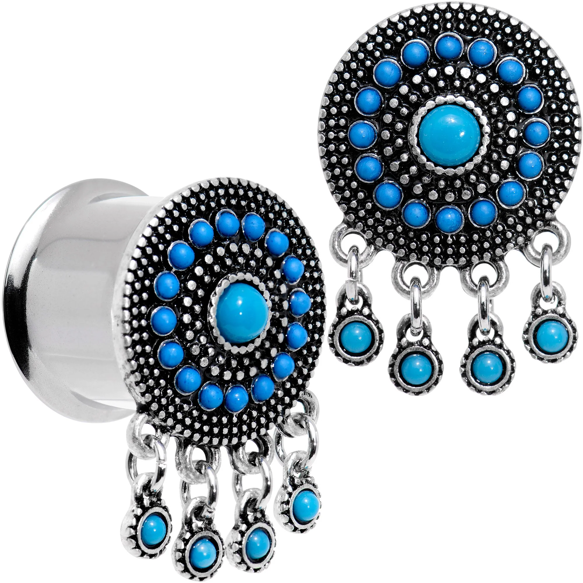 Southwest Blue Drum Dreamcatcher Dangle Double Flare Plug Set 6mm to 25mm - Image 9