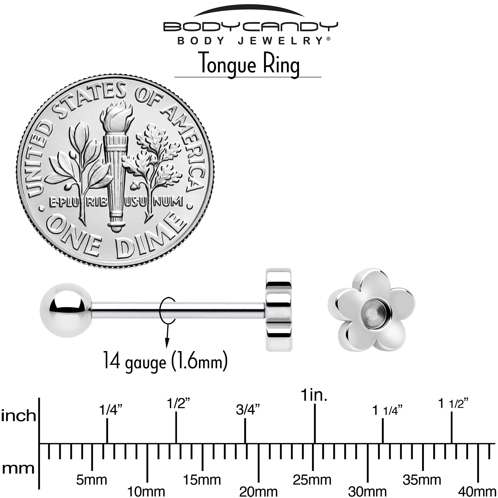 Stainless Steel Concave Flower Barbell Tongue Ring - Image 5