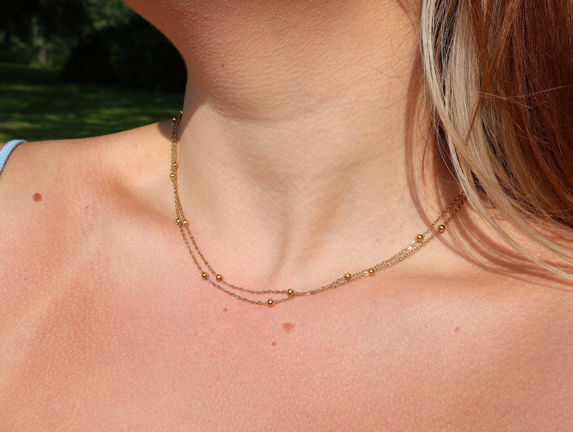 Stainless Steel Gold Tone PVD Ball Station Necklace Satellite Chain Double Necklace - Image 4
