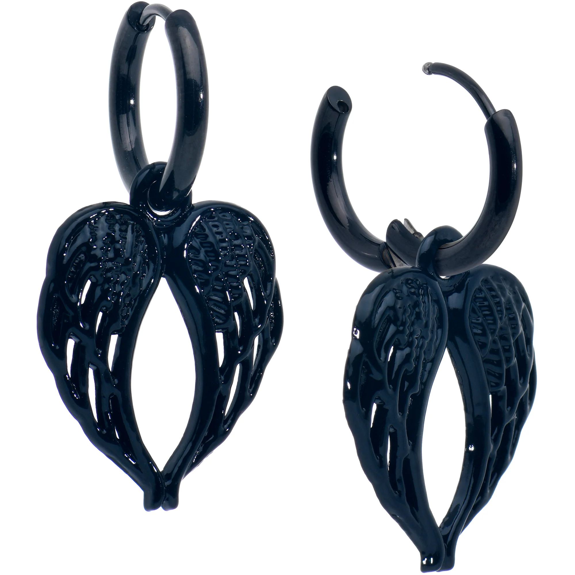 Black Anodized Steel Hinged Huggie Hoop Angel Wings Dangle Earrings - Image 2
