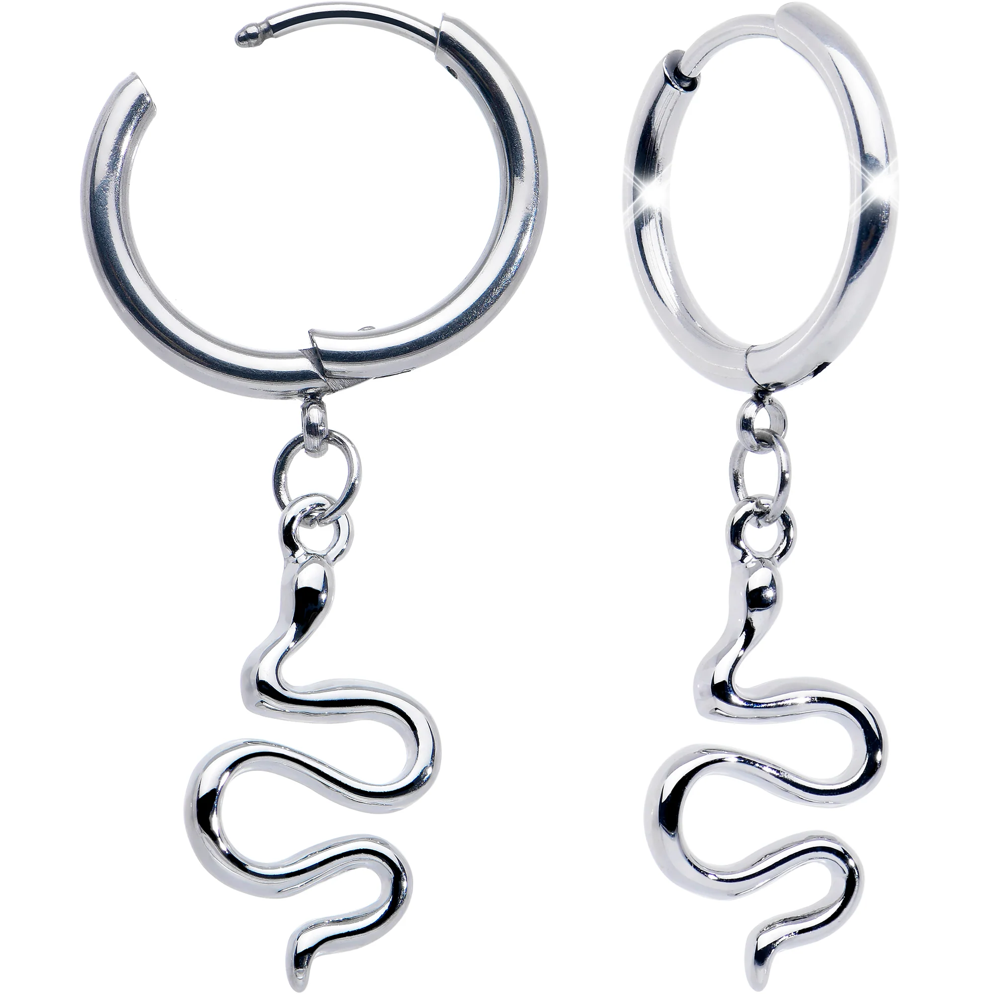 Stainless Steel Hinged Huggie Hoop Snake Dangle Earrings - Image 2