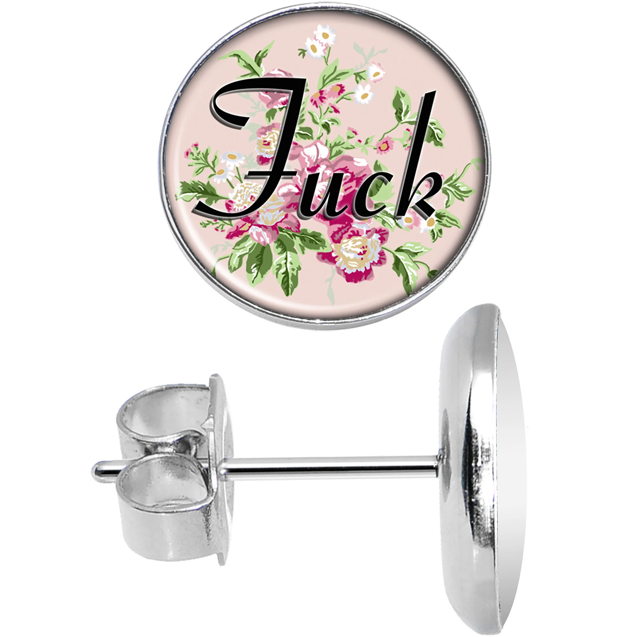 Stainless Steel Post Flowery Language F*ck Stud Earrings - Image 2