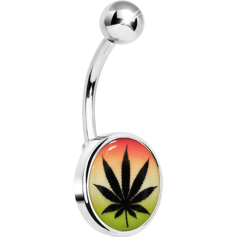Steel Glow in the Dark Rainbow Ganja Leaf Belly Ring - Image 3