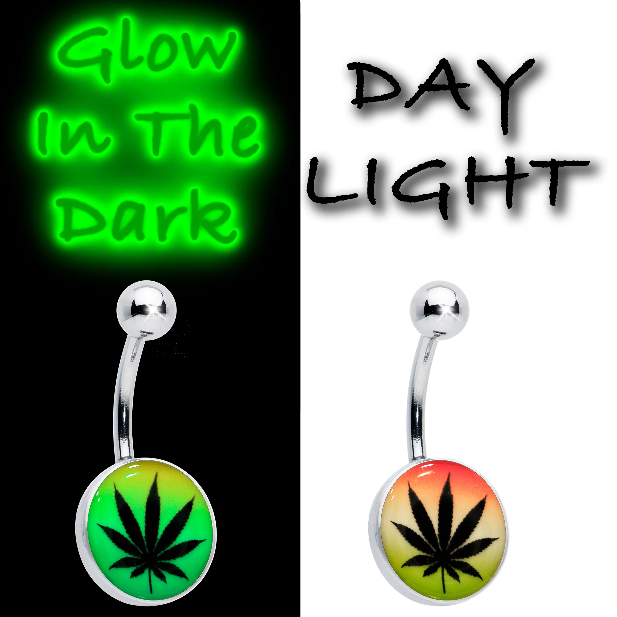 Steel Glow in the Dark Rainbow Ganja Leaf Belly Ring - Image 7