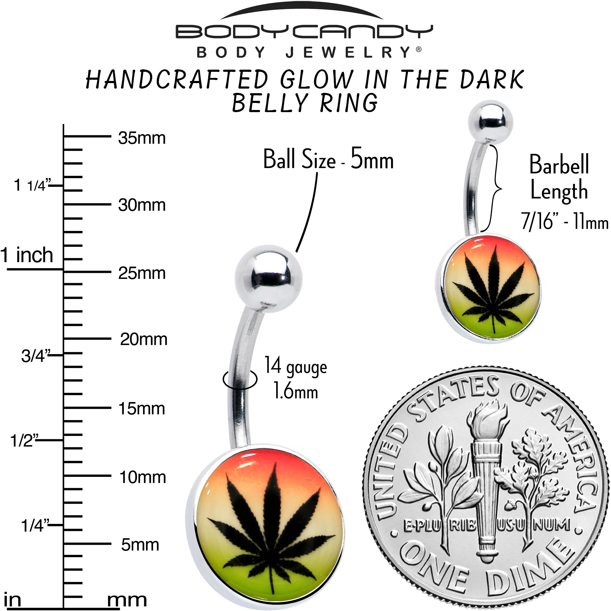 Steel Glow in the Dark Rainbow Ganja Leaf Belly Ring - Image 8
