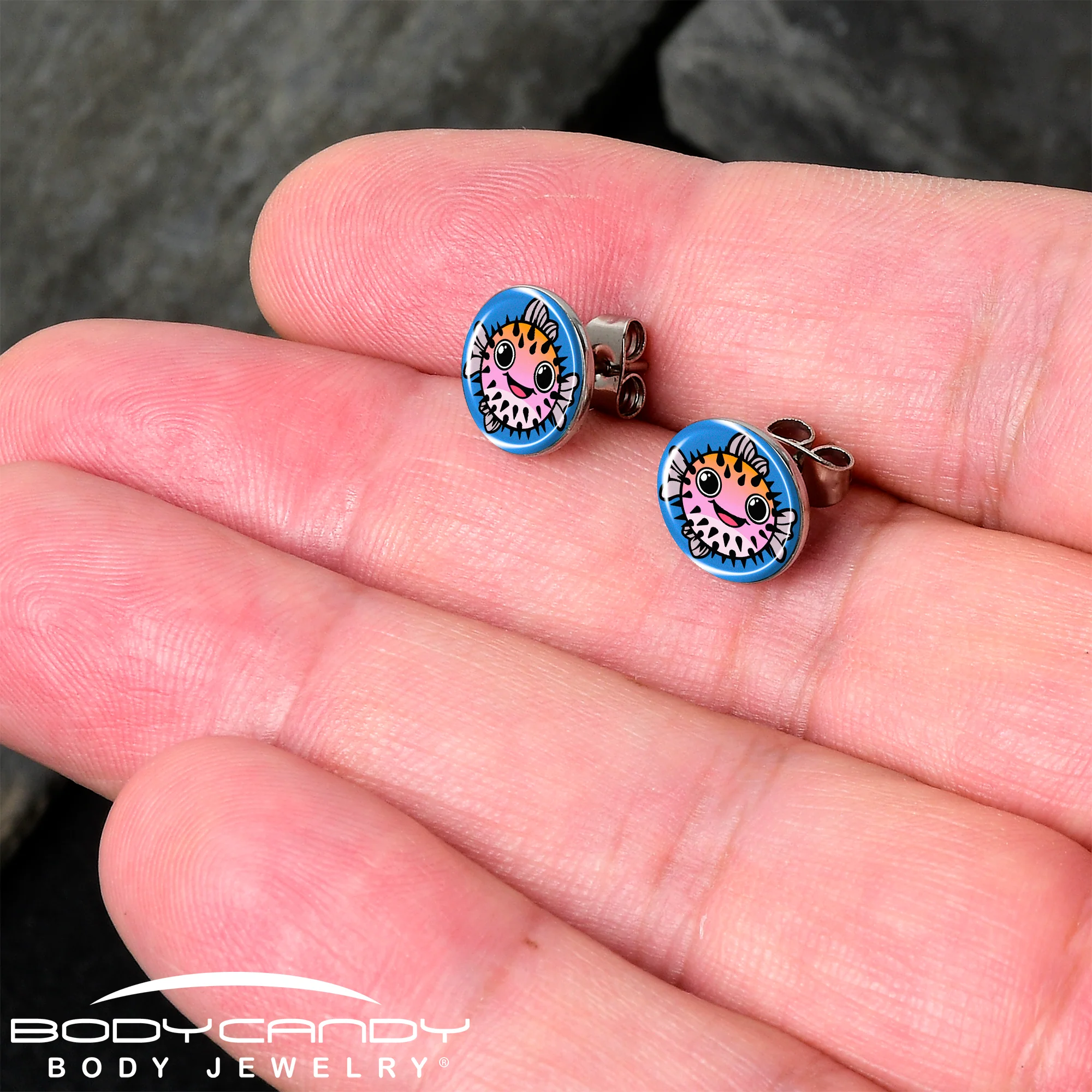 Swimming Pink Pufferfish Stud Earrings by Onyx O - Image 2