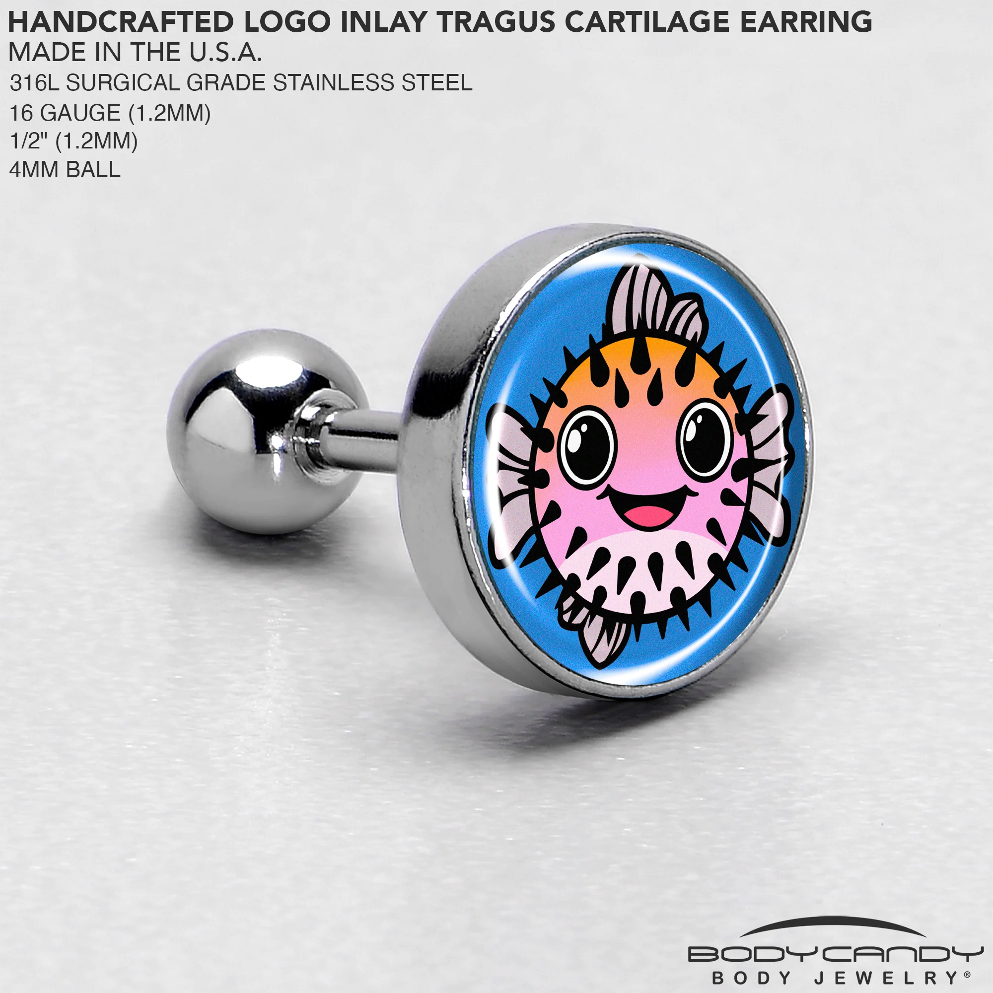 16G 1/4 Swimming Pufferfish Tragus Cartilage Earring by Onyx O - Image 4