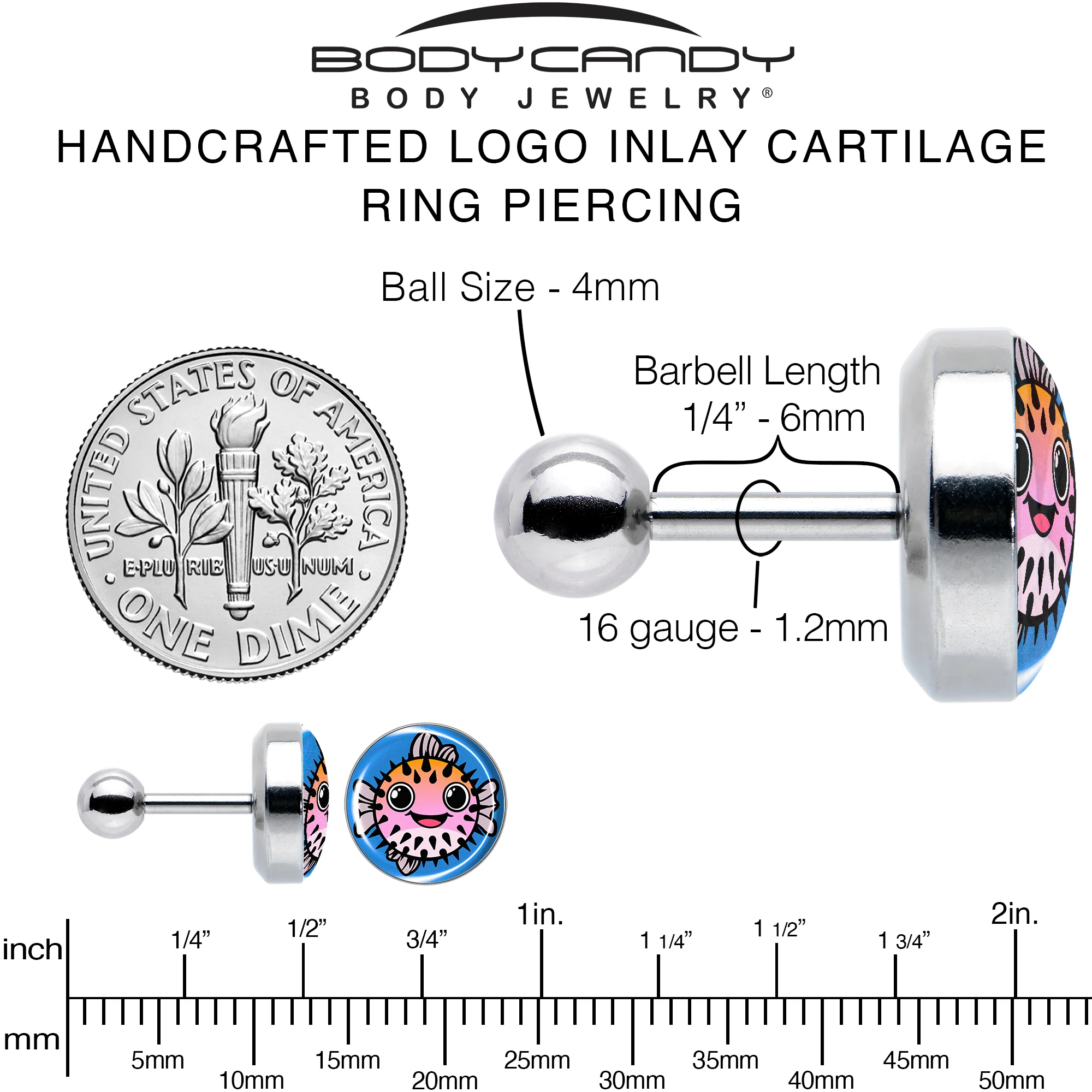 16G 1/4 Swimming Pufferfish Tragus Cartilage Earring by Onyx O - Image 6