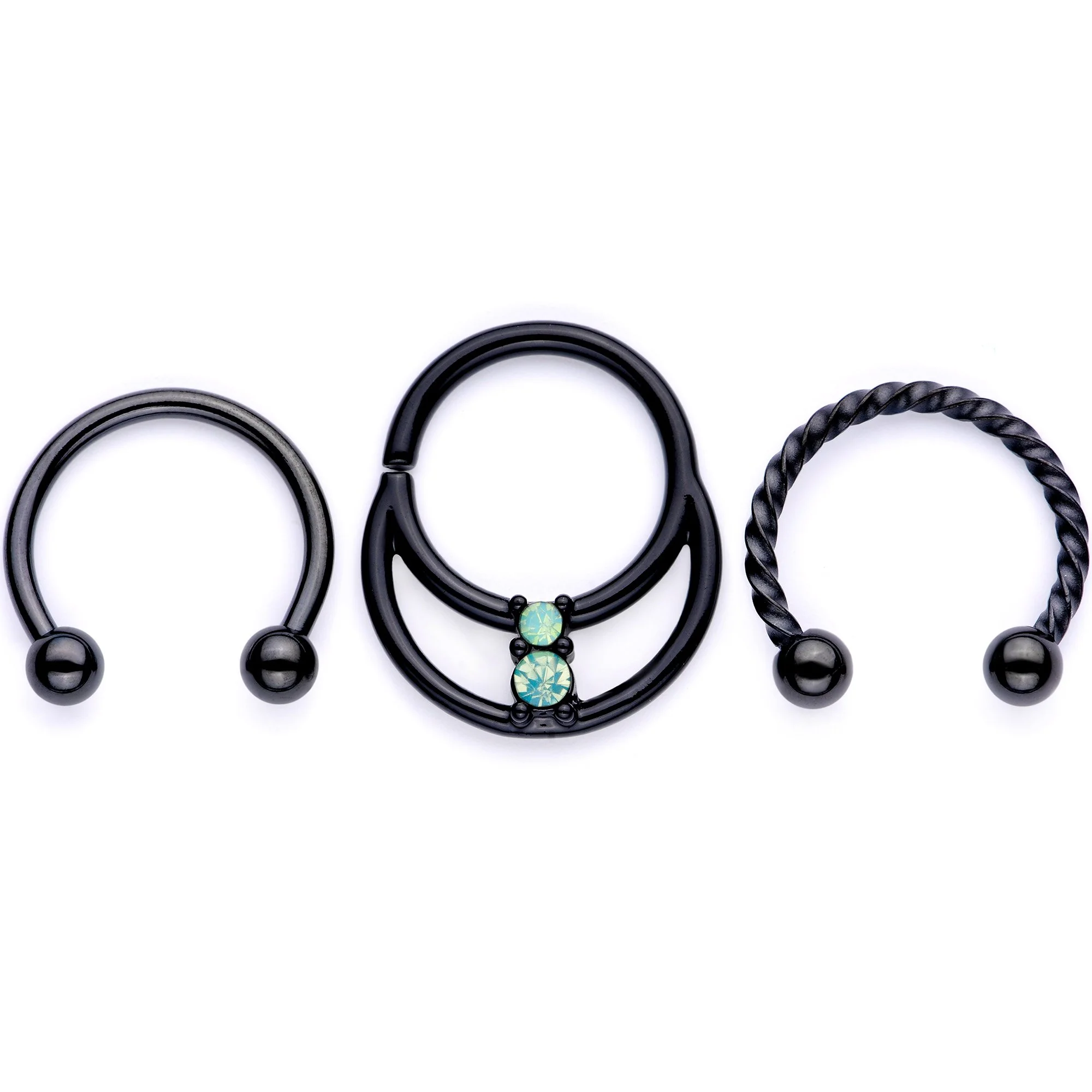 16G 3/8 Teal Faux Opal Black Anodized Horseshoe Closure Ring Set - Image 2