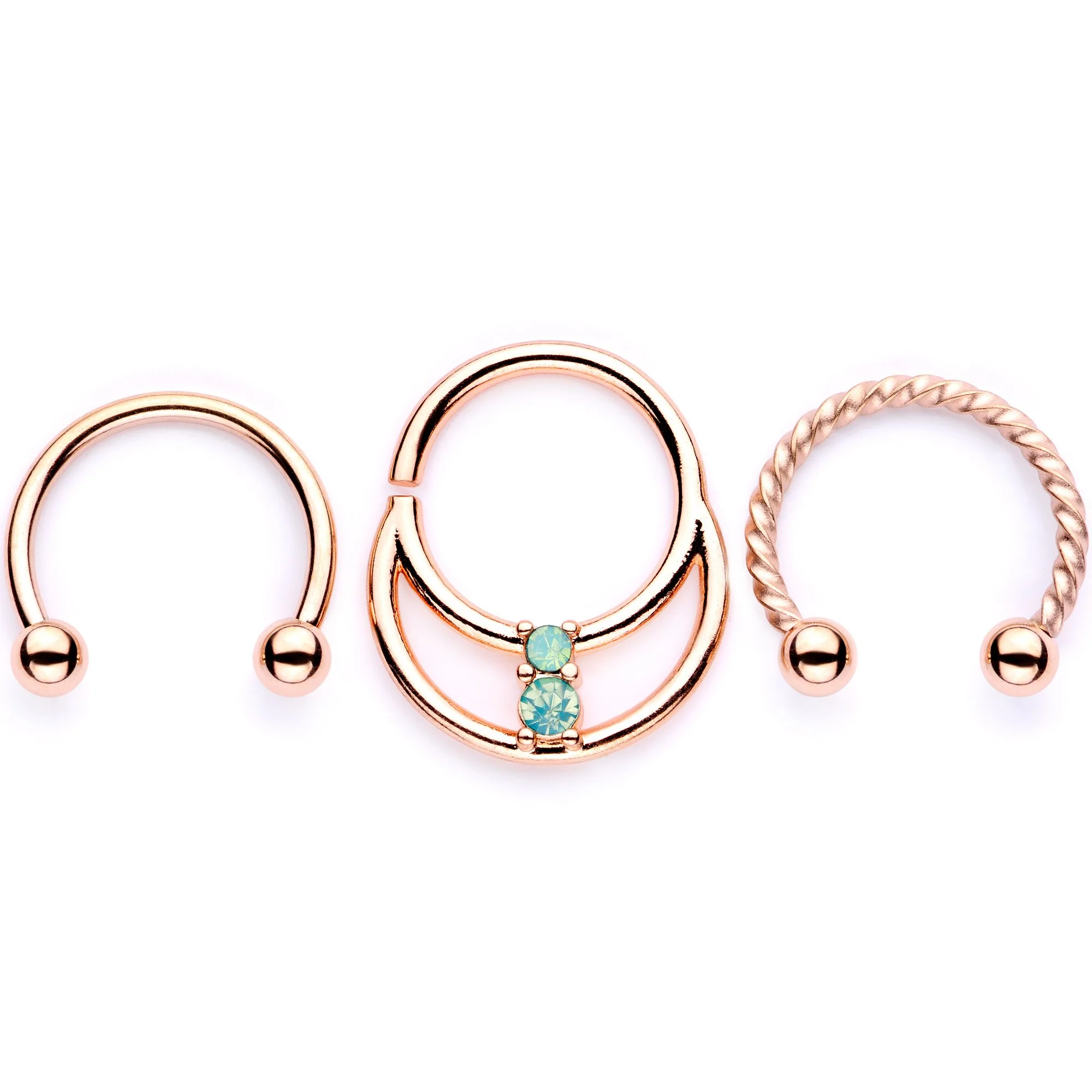 16G 3/8 Teal Faux Opal Rose Gold Tone Horseshoe Closure Ring Set - Image 2