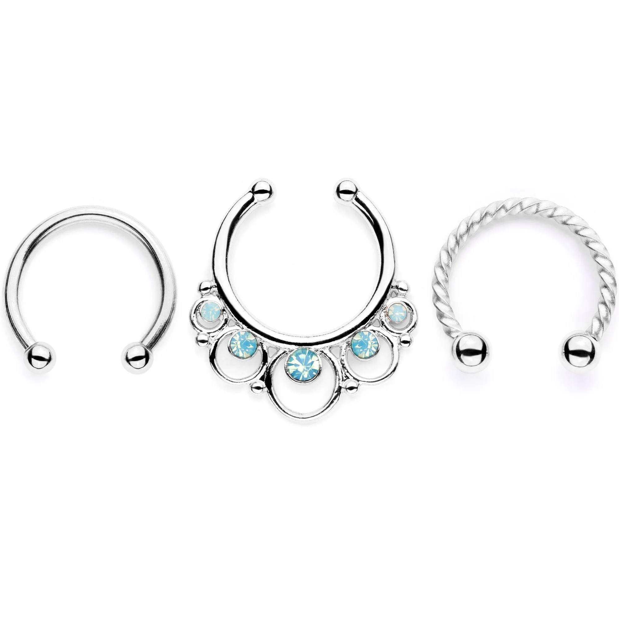 16G Teal Faux Opal Twisted Horseshoe Clip On Fake Septum Ring Set - Image 2