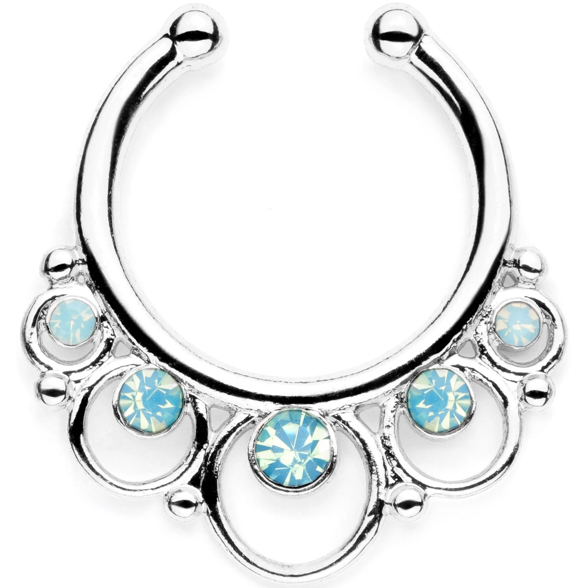 16G Teal Faux Opal Twisted Horseshoe Clip On Fake Septum Ring Set - Image 3