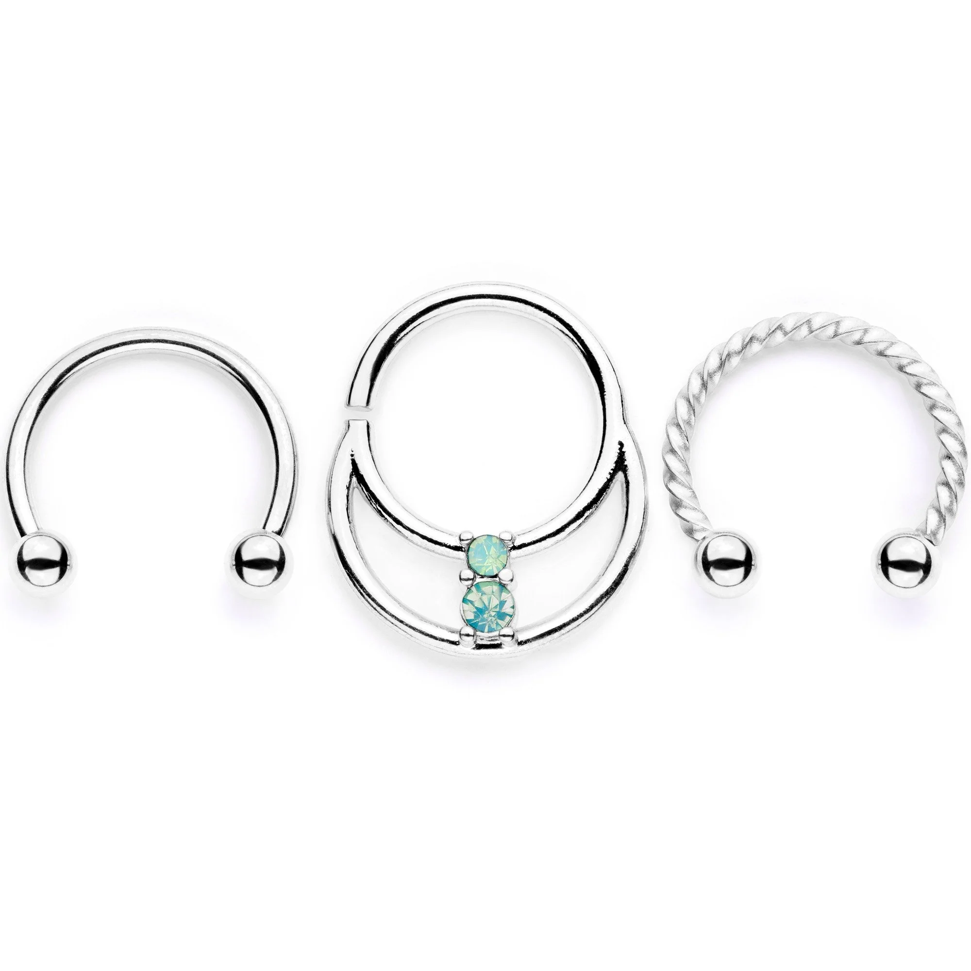 16G 3/8 Teal Faux Opal Twisted Horseshoe Closure Ring Set - Image 2