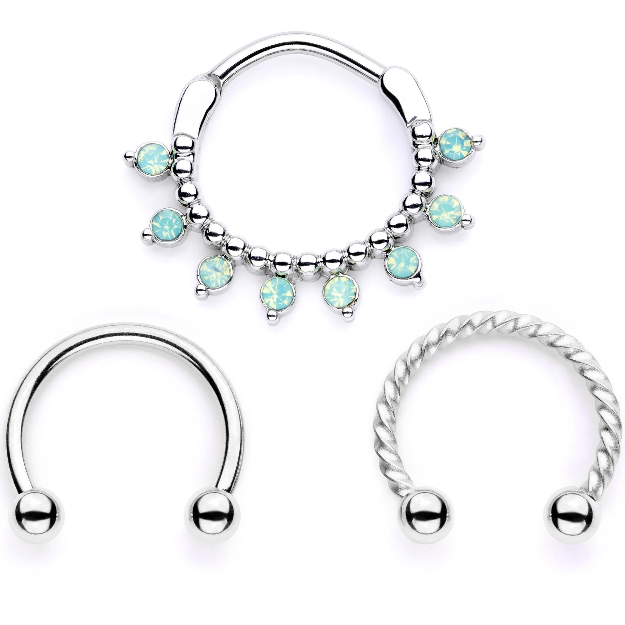 16G 3/8 Teal Faux Opal Twisted Horseshoe and Clicker Set of 3