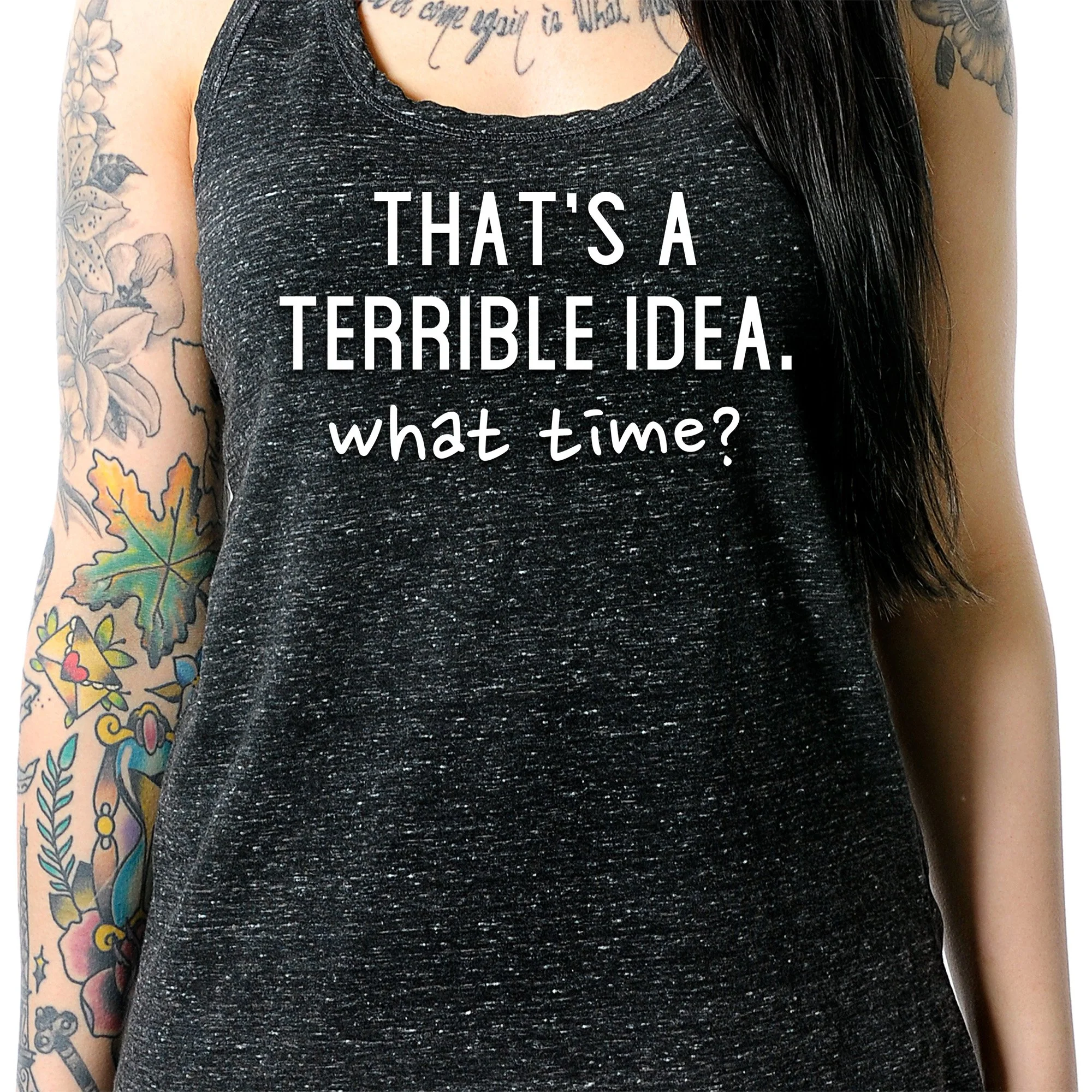 THAT'S A TERRIBLE IDEA. what time? Black Gray Cosmic Twist Back Tank Top - Image 3