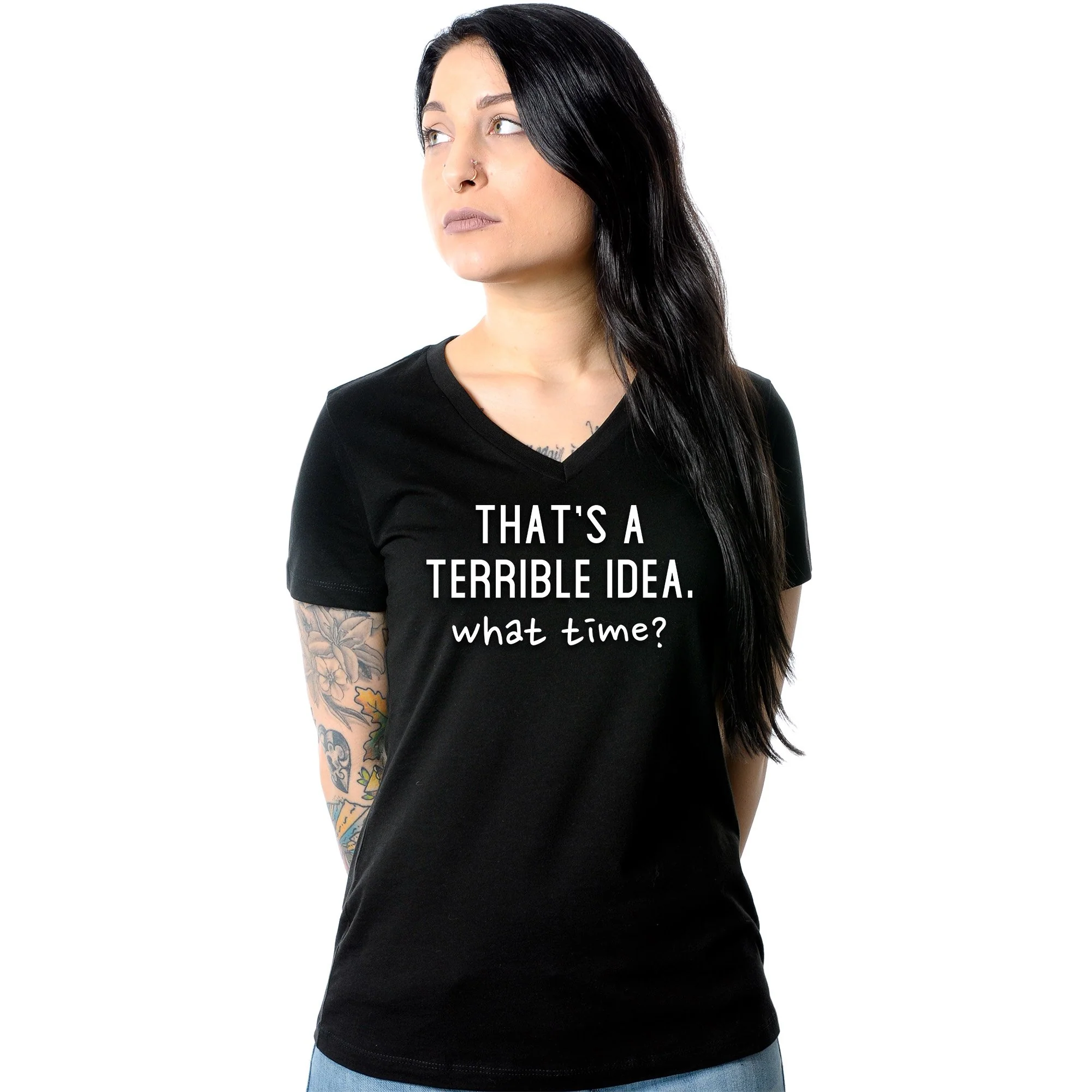 THAT'S A TERRIBLE IDEA. what time? Black Tapered V-Neck Tee Shirt - Image 8