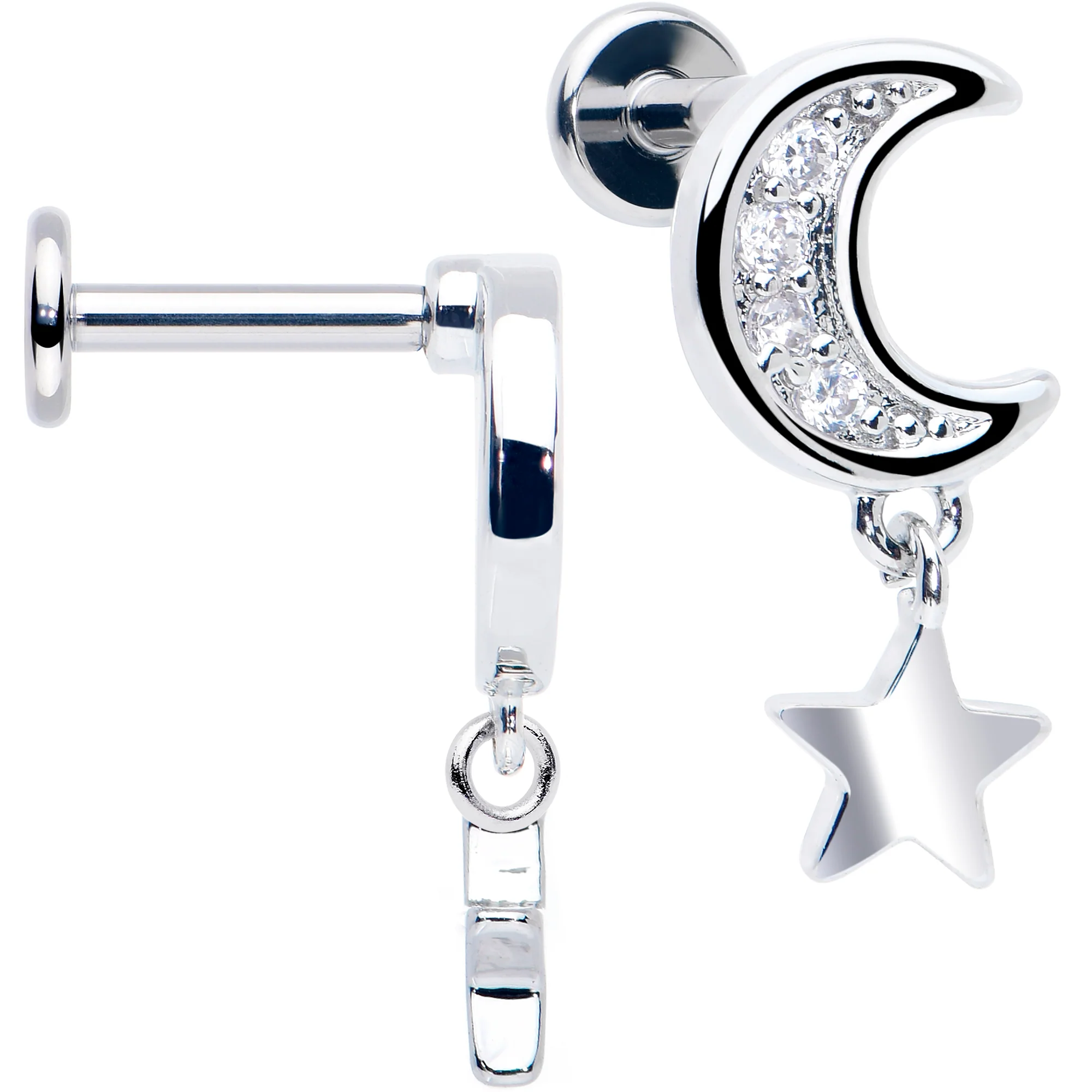 Titanium Flat Back Earring Set - CZ Crescent Moon Star Dangle 16G - Image 2