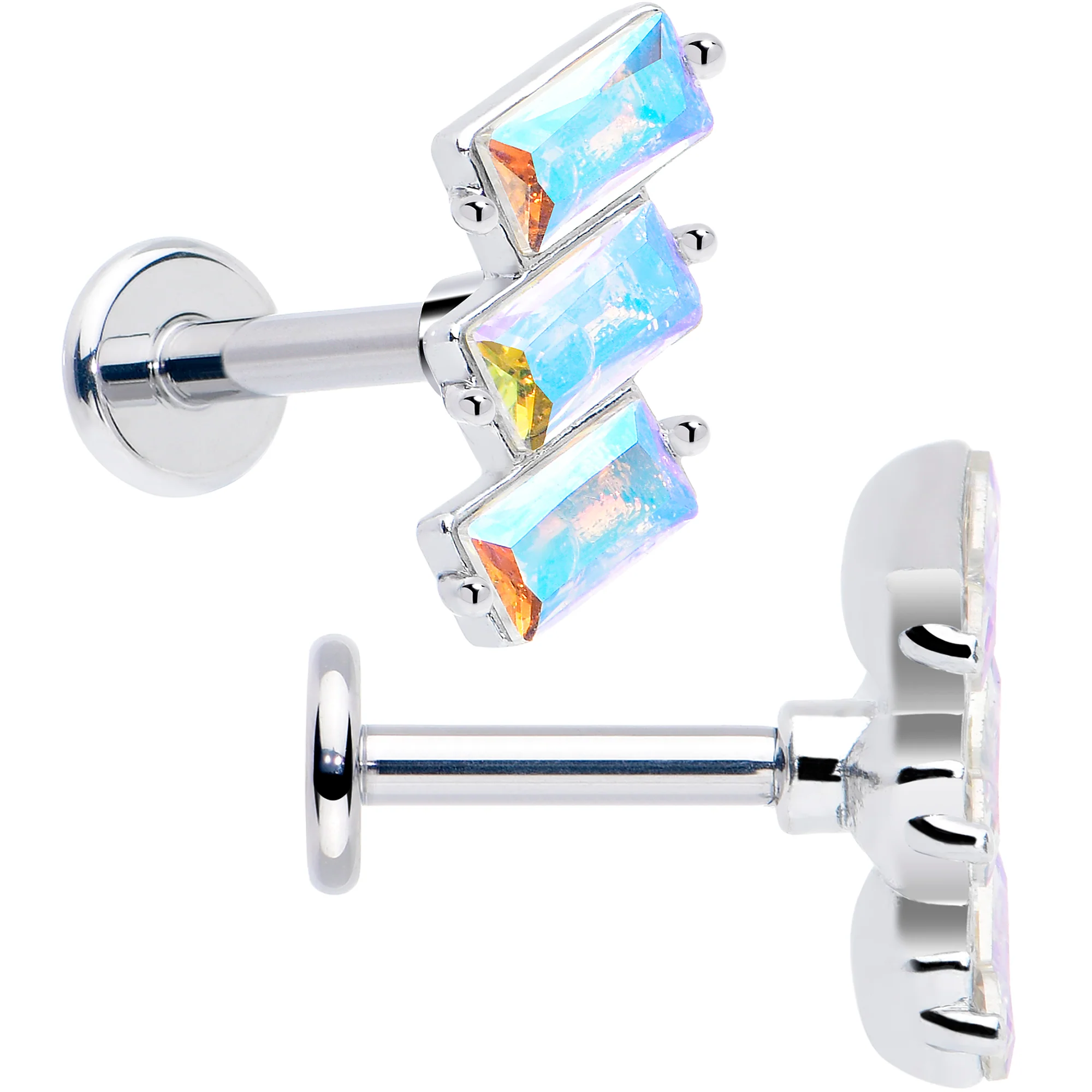 Titanium Flat Back Earring Set - Staggered Aurora CZ 16G - Image 2