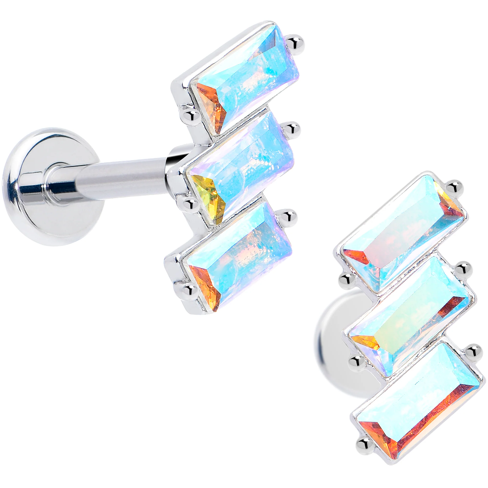 Titanium Flat Back Earring Set - Staggered Aurora CZ 16G - Image 3