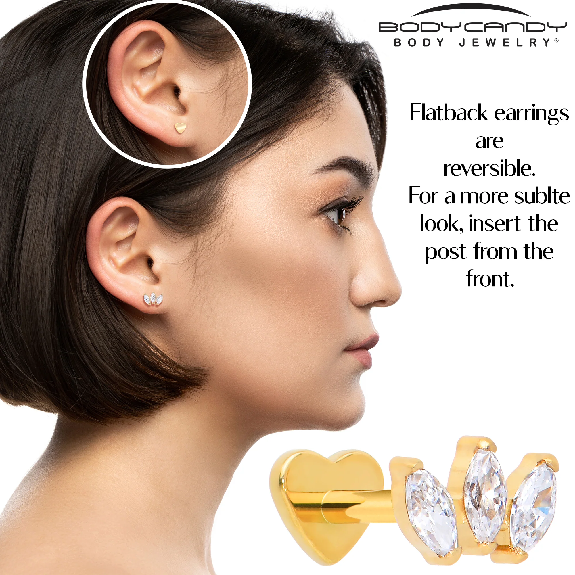 Titanium Flat Back Earring Trio Gem- 18G Threadless Reversible Heart - Image 6