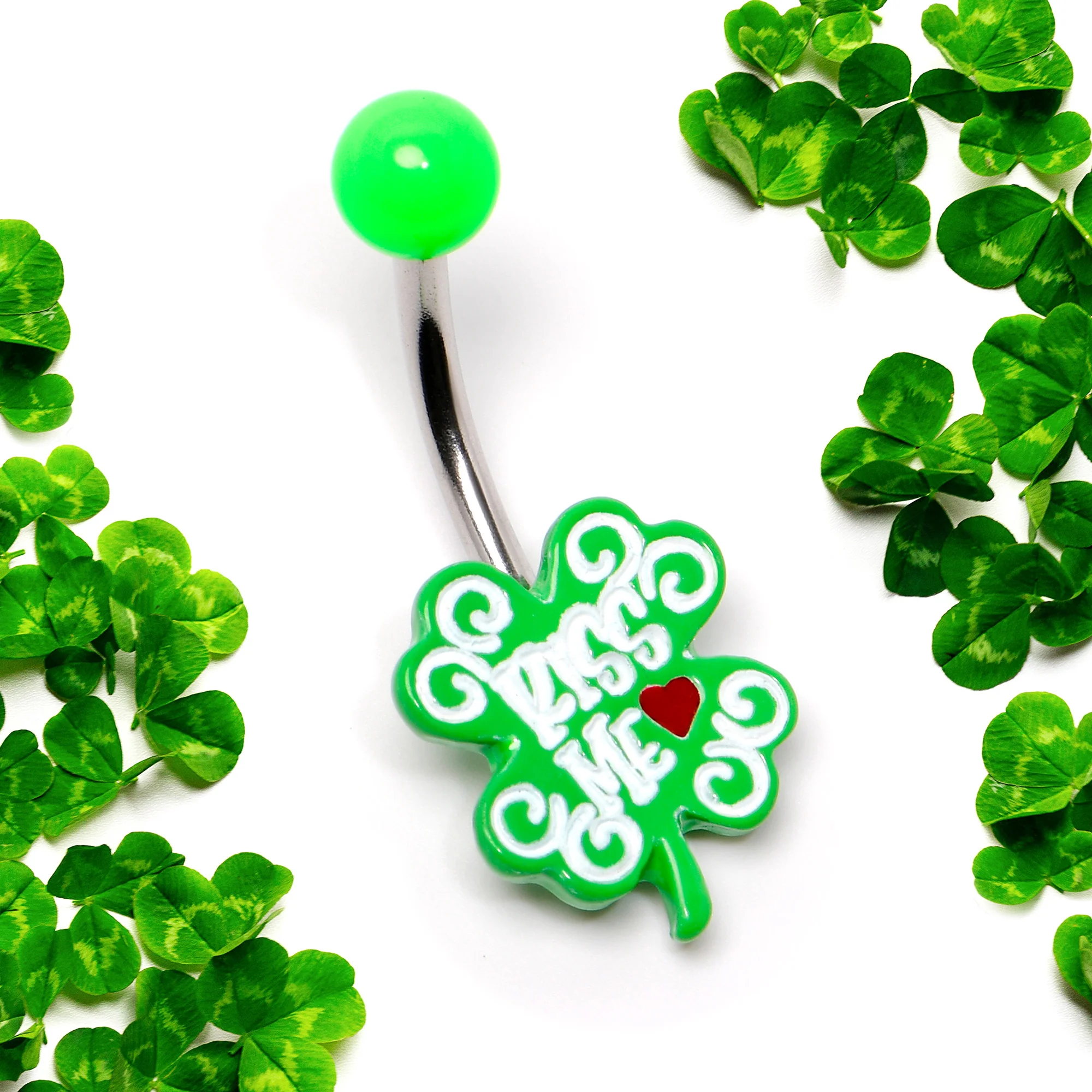 UV Glow Kiss Me Shamrock St Patricks Day Belly Ring - Image 4