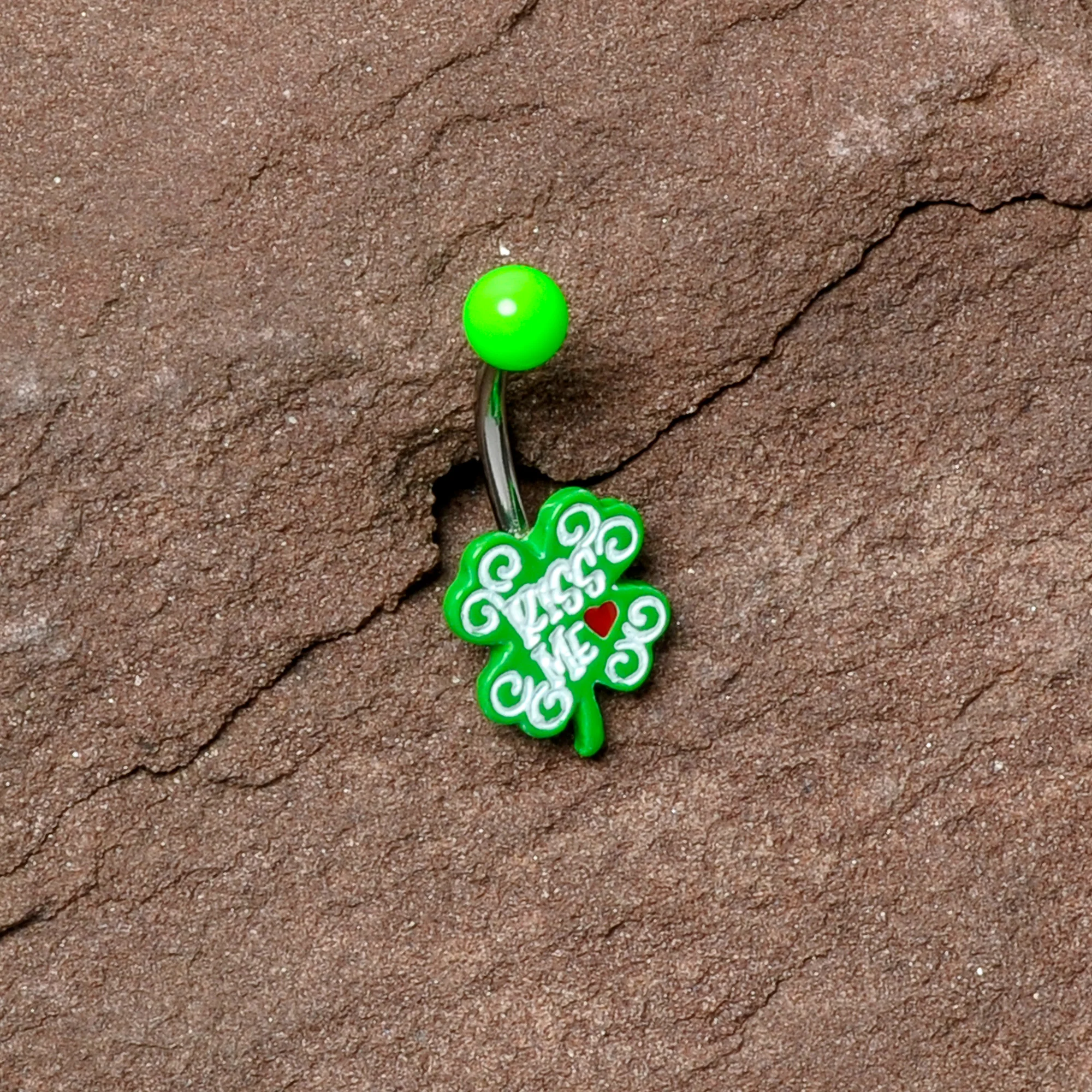 UV Glow Kiss Me Shamrock St Patricks Day Belly Ring - Image 6