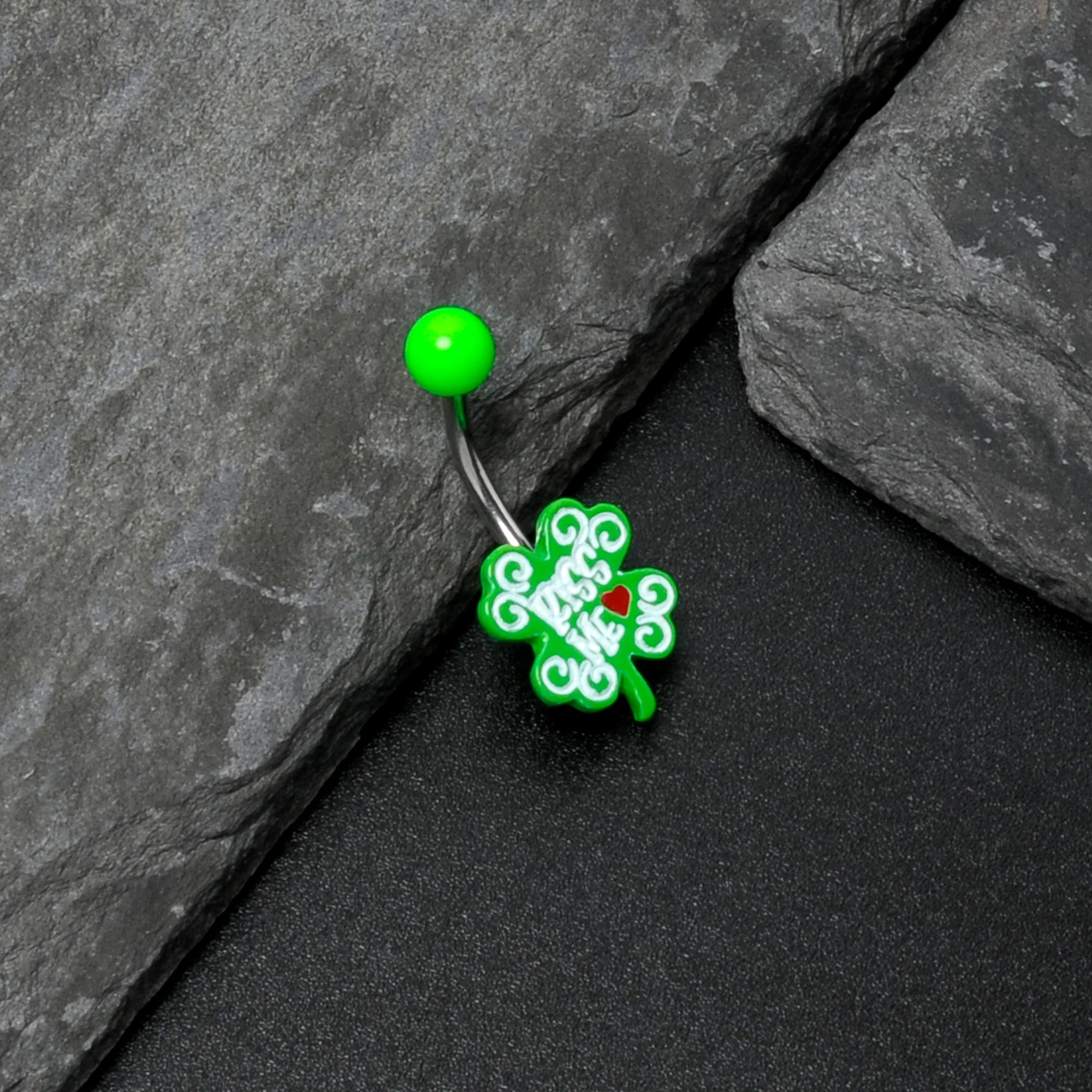 UV Glow Kiss Me Shamrock St Patricks Day Belly Ring - Image 7
