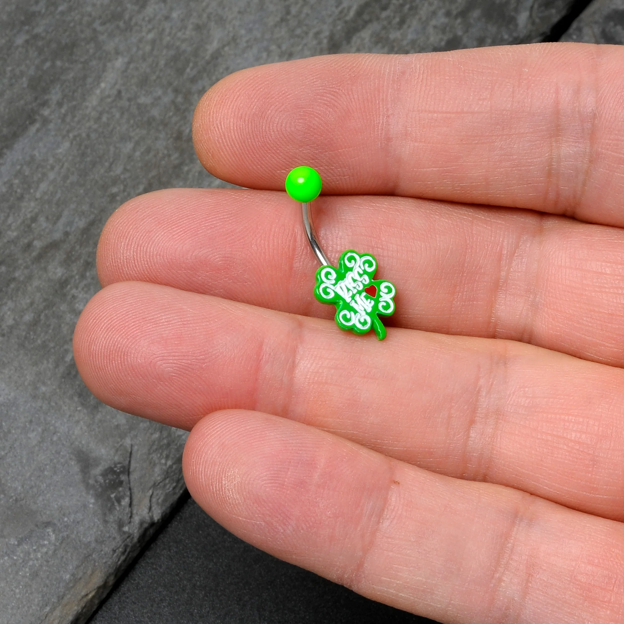 UV Glow Kiss Me Shamrock St Patricks Day Belly Ring - Image 8