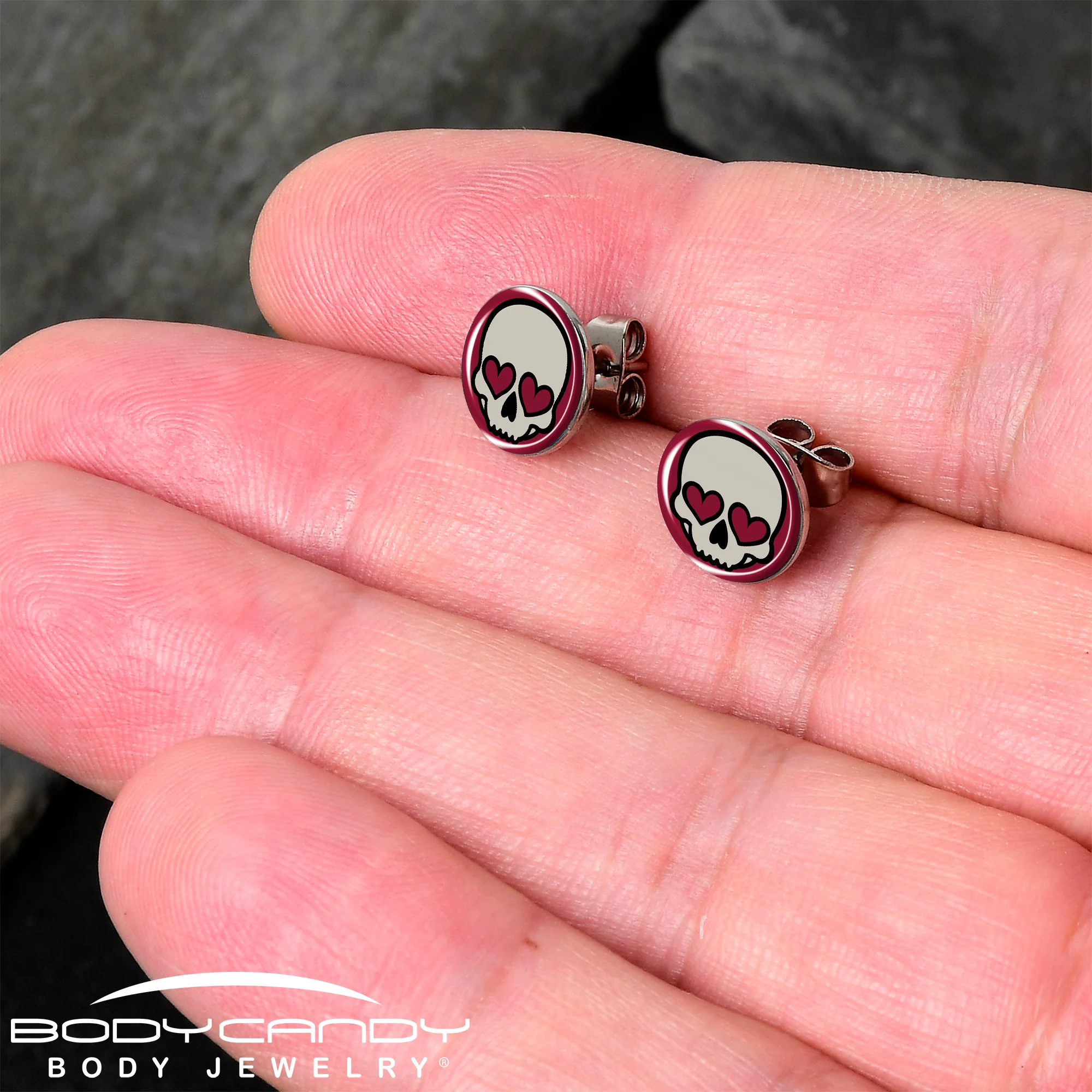Valentine Heart Skull Stud Earrings - Image 2
