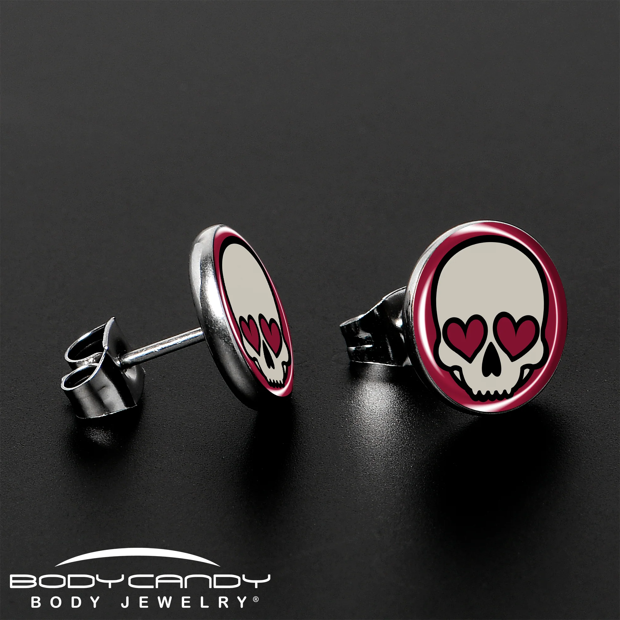 Valentine Heart Skull Stud Earrings - Image 3