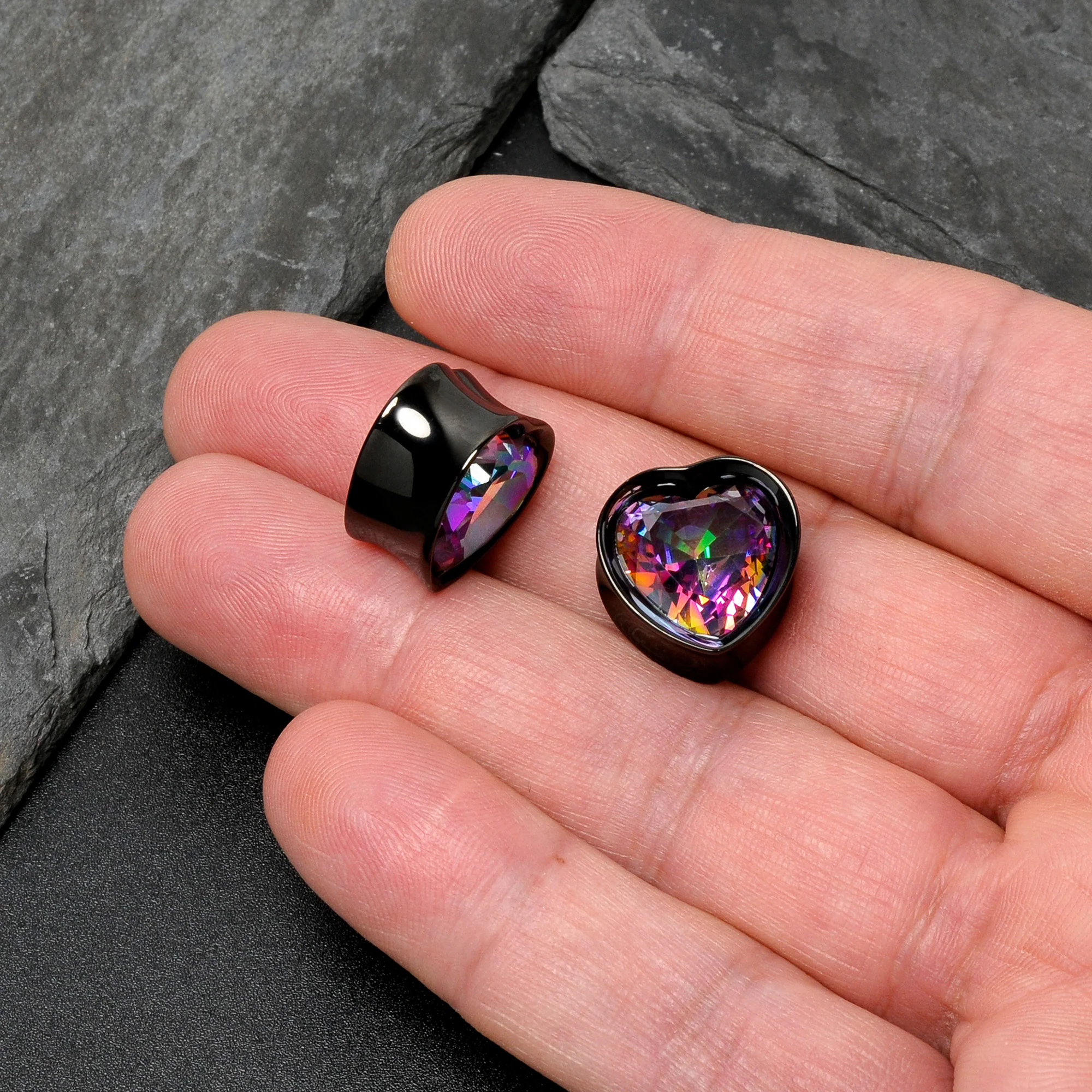 Medium Vitrail CZ Black Heart In Heart Double Flare Plug Set 8mm to 16mm - Image 8