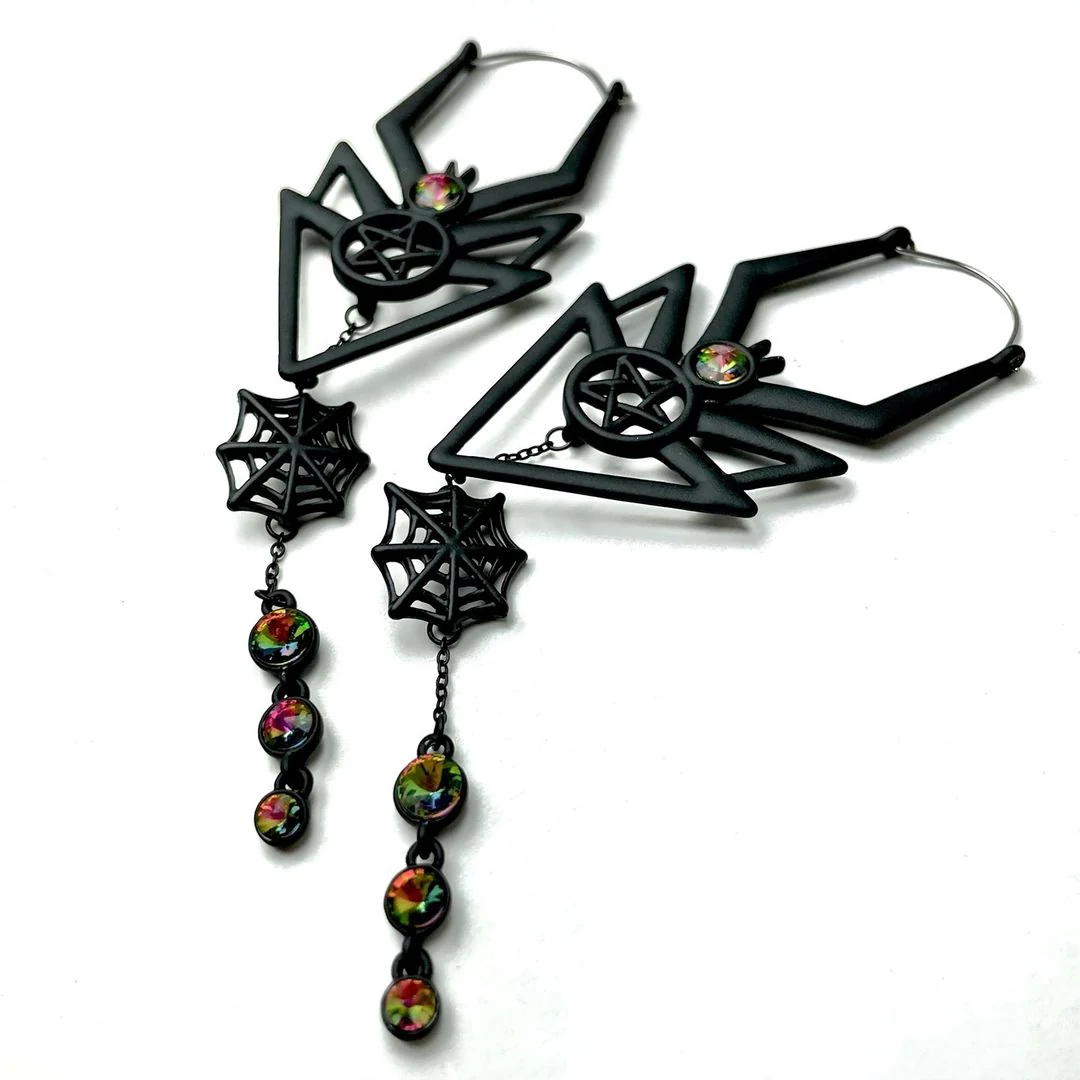 Vitrail Gem Black Spider Pentagram Dangle Tunnel Plug Earrings - Image 2